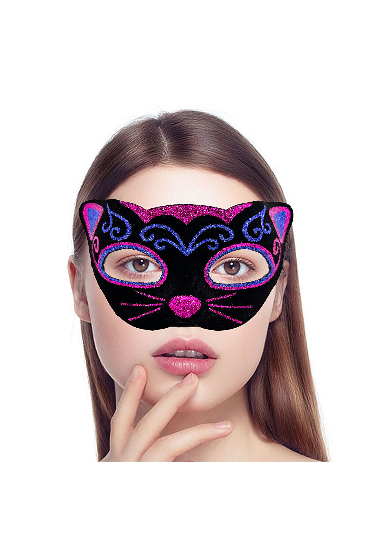 Go İthalat Si̇yah Kadi̇fe Kaplama &Uuml;zeri̇ Pembe Mavi̇ Si̇m İşlemeli̇ Kedi̇ Maskesi̇ 20X13 Cm (4130)