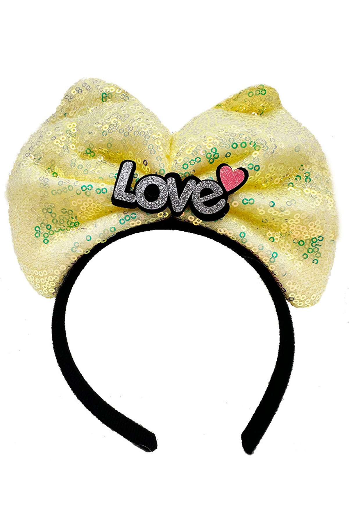 Go İthalat Led Işıklı 3 Farklı Fonksi̇yonda Yanan G&uuml;m&uuml;ş Love Yazılı Sarı Fi̇yonk Ta&ccedil; 20X17 Cm (4130)