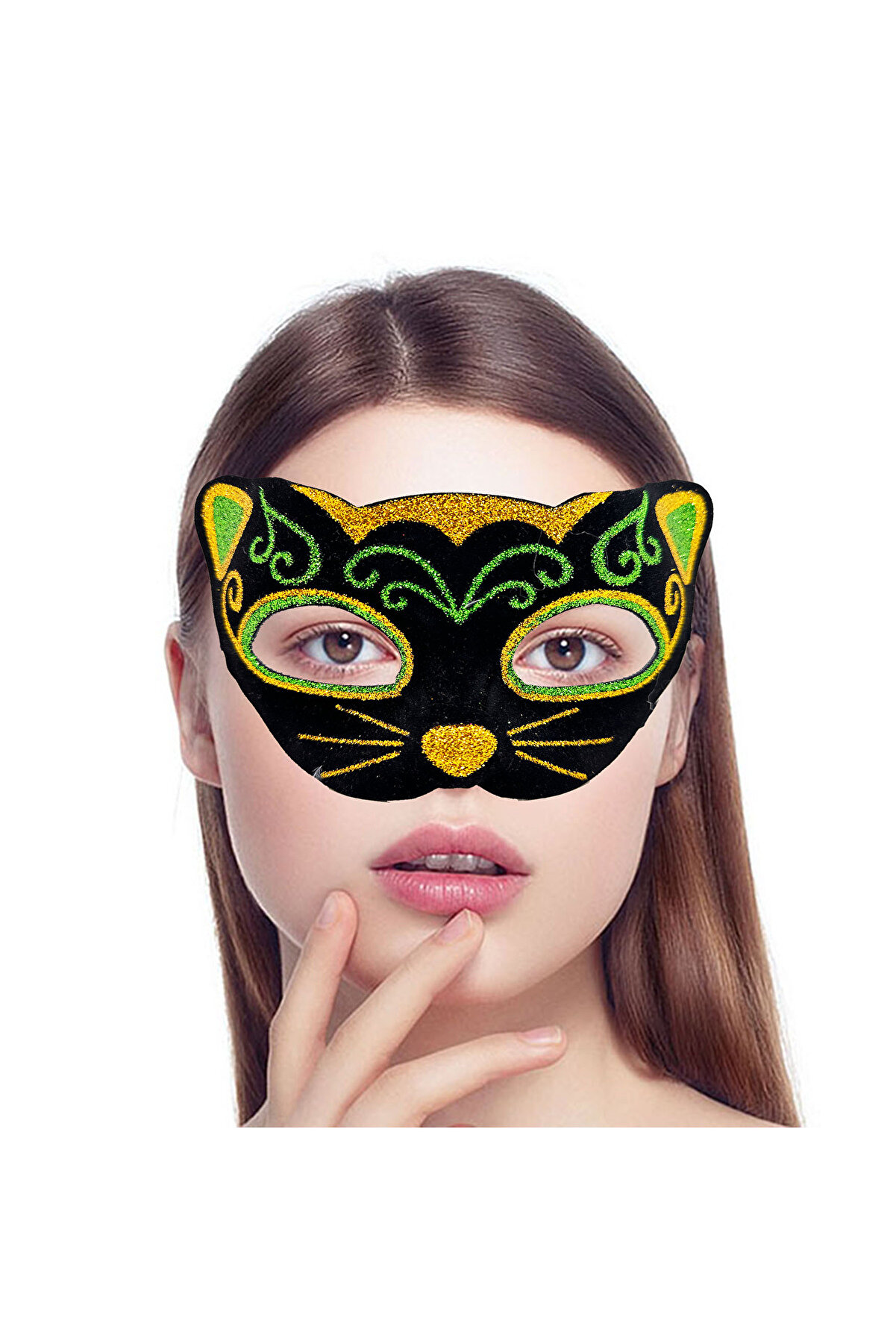 Go İthalat Si̇yah Kadi̇fe Kaplama &Uuml;zeri̇ Sarı Yeşi̇l Si̇m İşlemeli̇ Kedi̇ Maskesi̇ 20X13 Cm (4130)