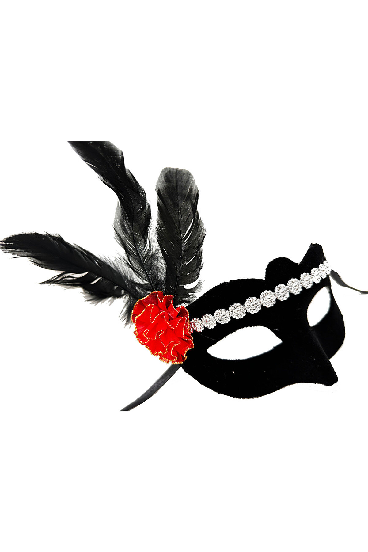 Go İthalat Si̇yah Renk S&uuml;et Kaplama G&uuml;m&uuml;ş Dantelli̇ Kırmızı G&uuml;l Tasarımlı Parti̇ Maskesi̇ 18X20 Cm (4130)