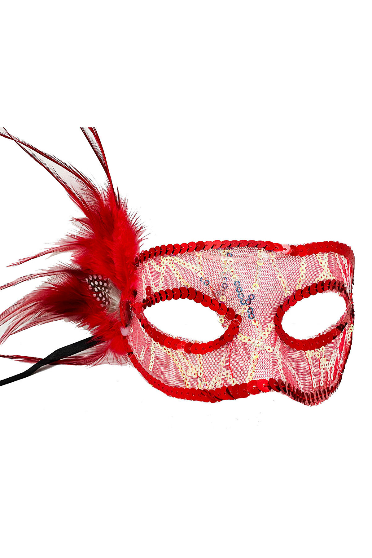 Go İthalat Kırmızı Renk Yandan T&uuml;yl&uuml; Pul Payet İşlemeli̇ Parti̇ Maskesi̇ 23X12 Cm (4130)