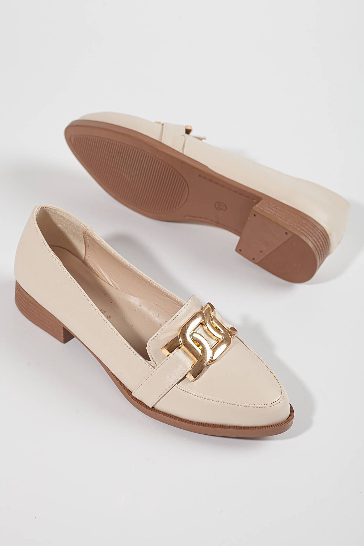 Kadın Metal Detaylı Loafer Babet Bej