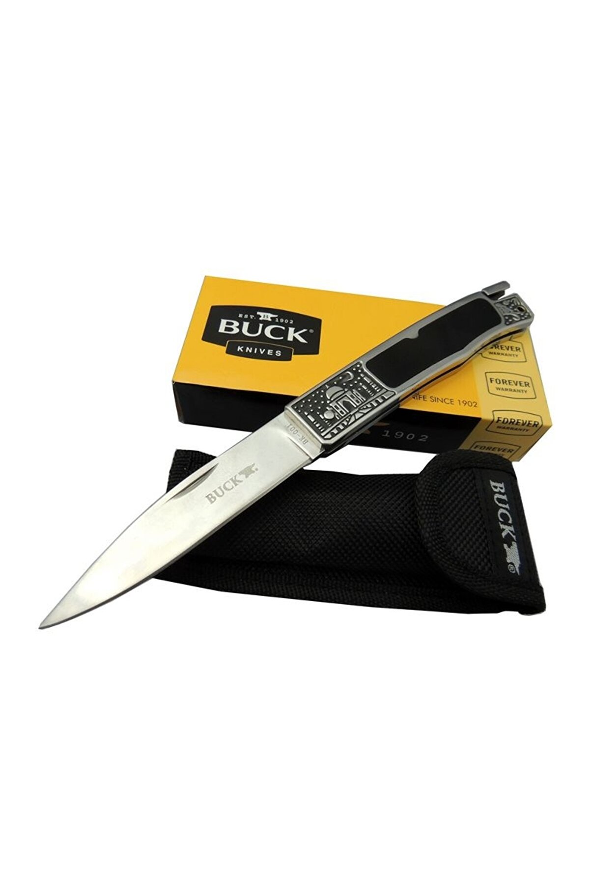 evimdeyokyok Buck Knives BK-001BRV Kamp Çakı 23 cm - Metal İşlemeli Sap, Kılıflı