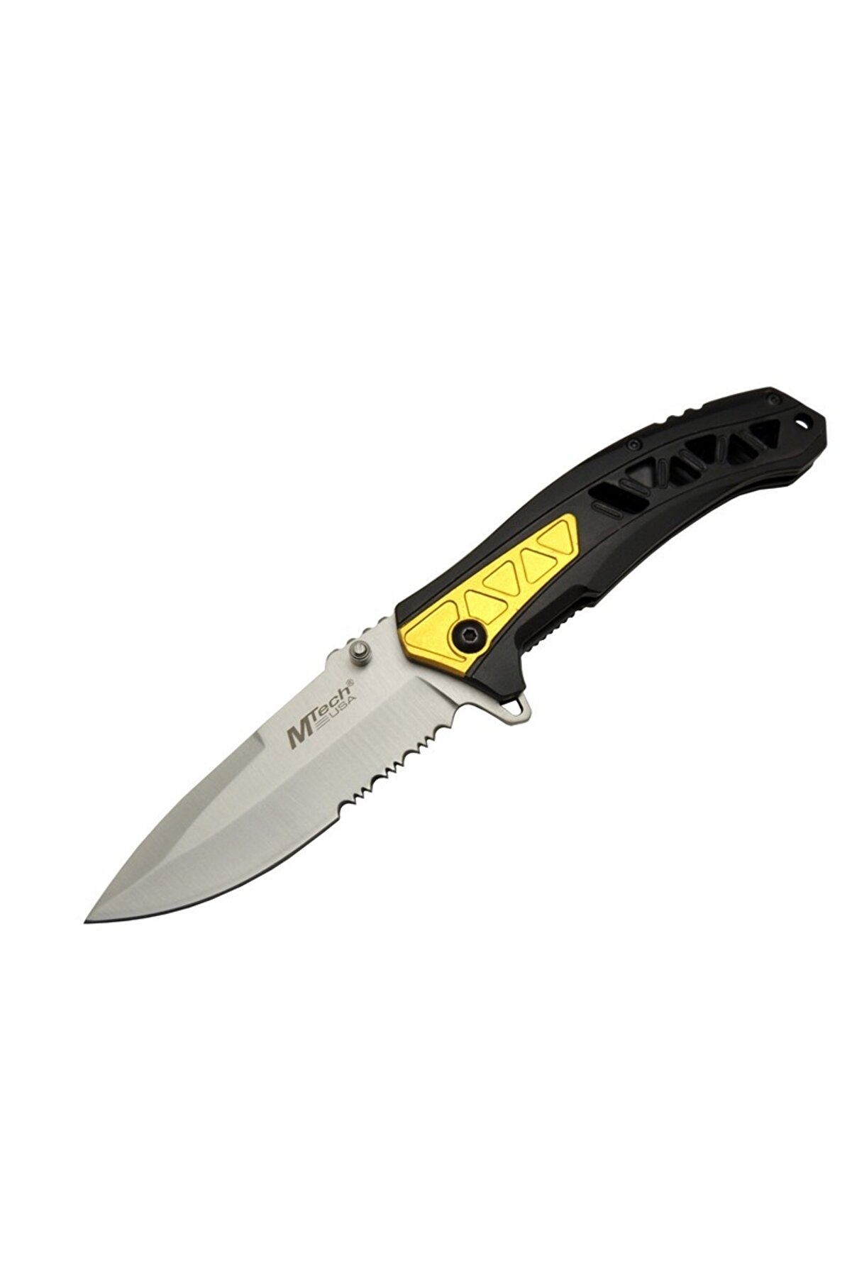 evimdeyokyok 4191 Sarı Kamp Çakı 21cm - Yarı Otomatik, Testere Detaylı, Desenli Sap