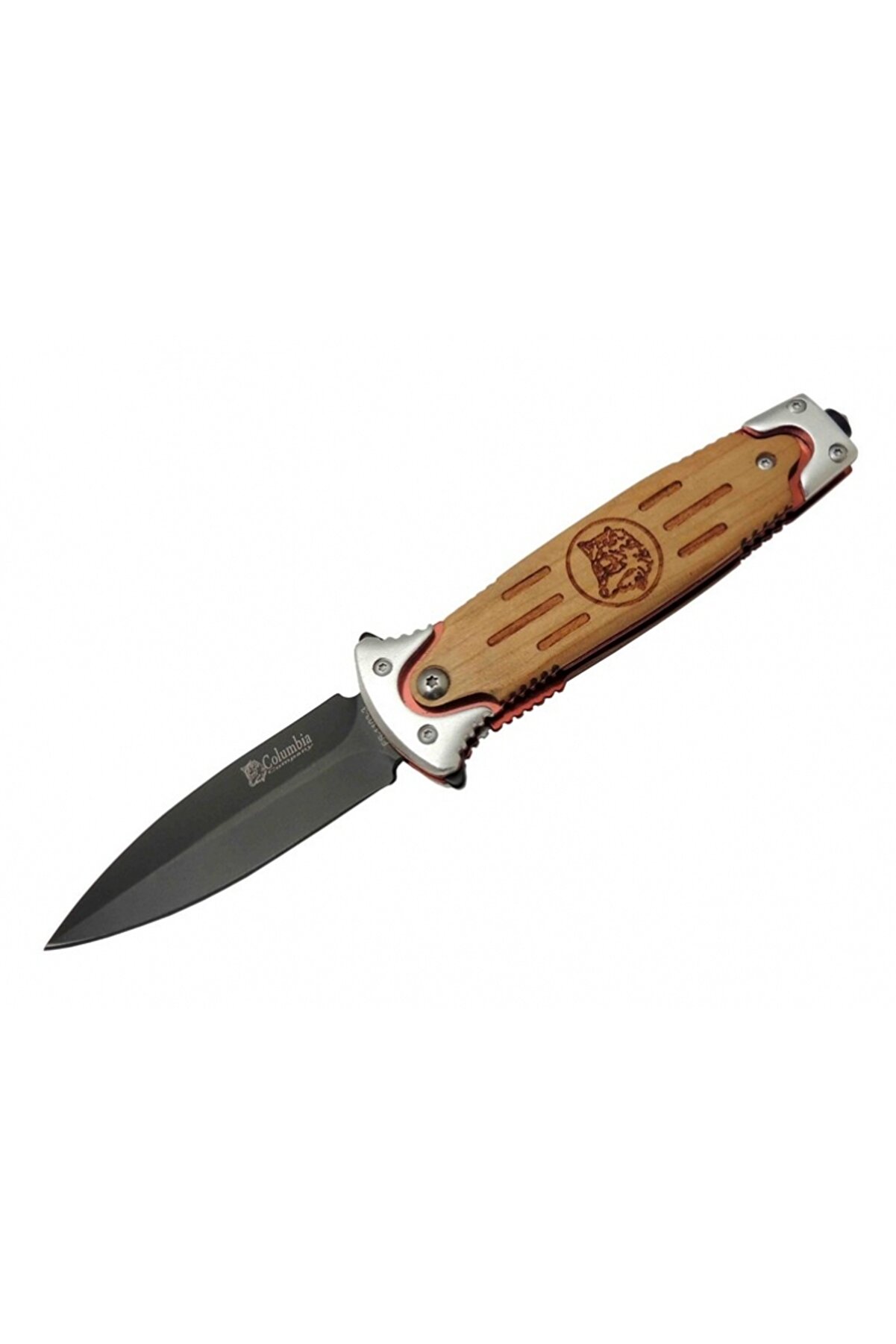 evimdeyokyok FS 11033 Kahverengi Kurtarma / Kamp Çakısı 20cm - Yarı Otomatik, Kurt İşlemeli Ahşap Sap