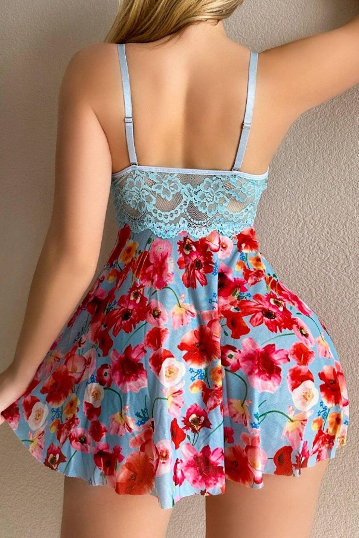 Ethab Ti̇caret Terzi̇ Bey Mavi̇ R&uuml;ya Gecesi̇ &Ccedil;i̇&ccedil;ekli̇ Askılı Mi̇ni̇ Geceli̇k 15628