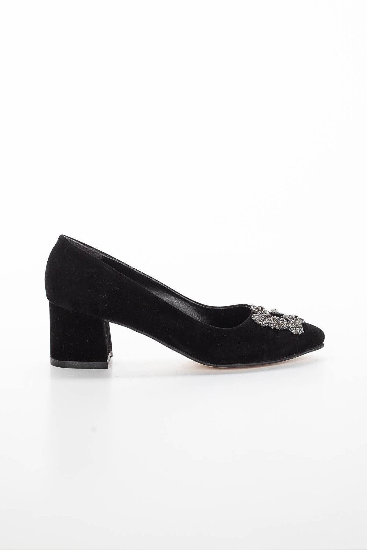 Gult Kadın Klasi̇k Kalın Ökçeli̇ Si̇yah Süet Taşli̇ 5 Cm Sti̇letto