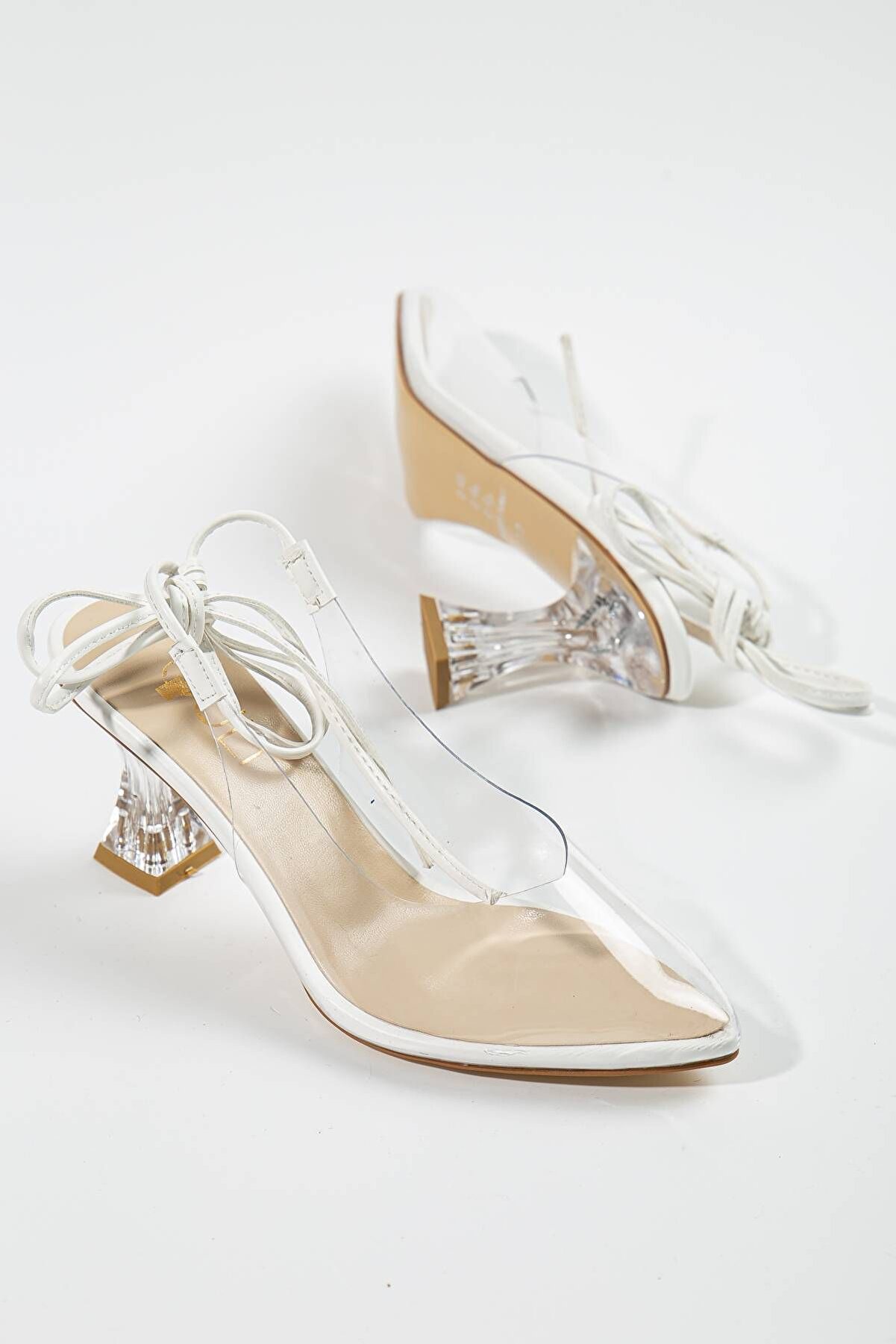 Gult Kadın Şeffaf Ince Topuklu 7 Cm Bağlamalı Beyaz