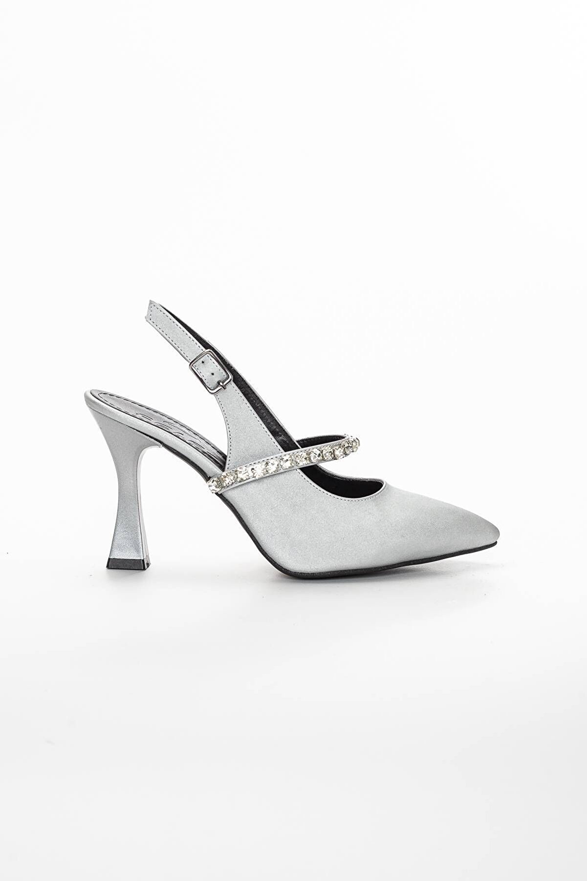 Gult Arkası Açık Taşlı Gece Ayakkabısı Gümüş Saten