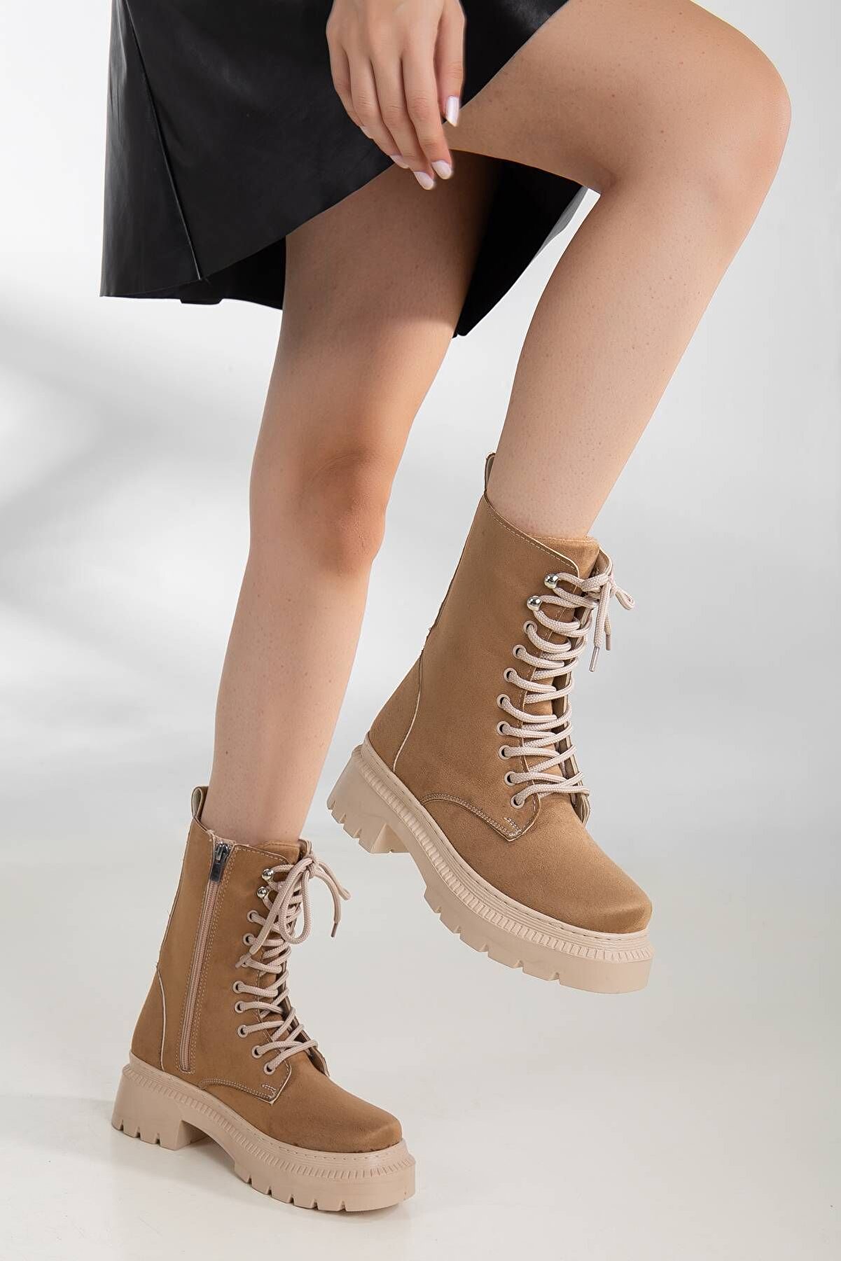 Gult Kadın Özel Üreti̇m Kalın Tabanlı Bağcıklı Ten Süet Bot