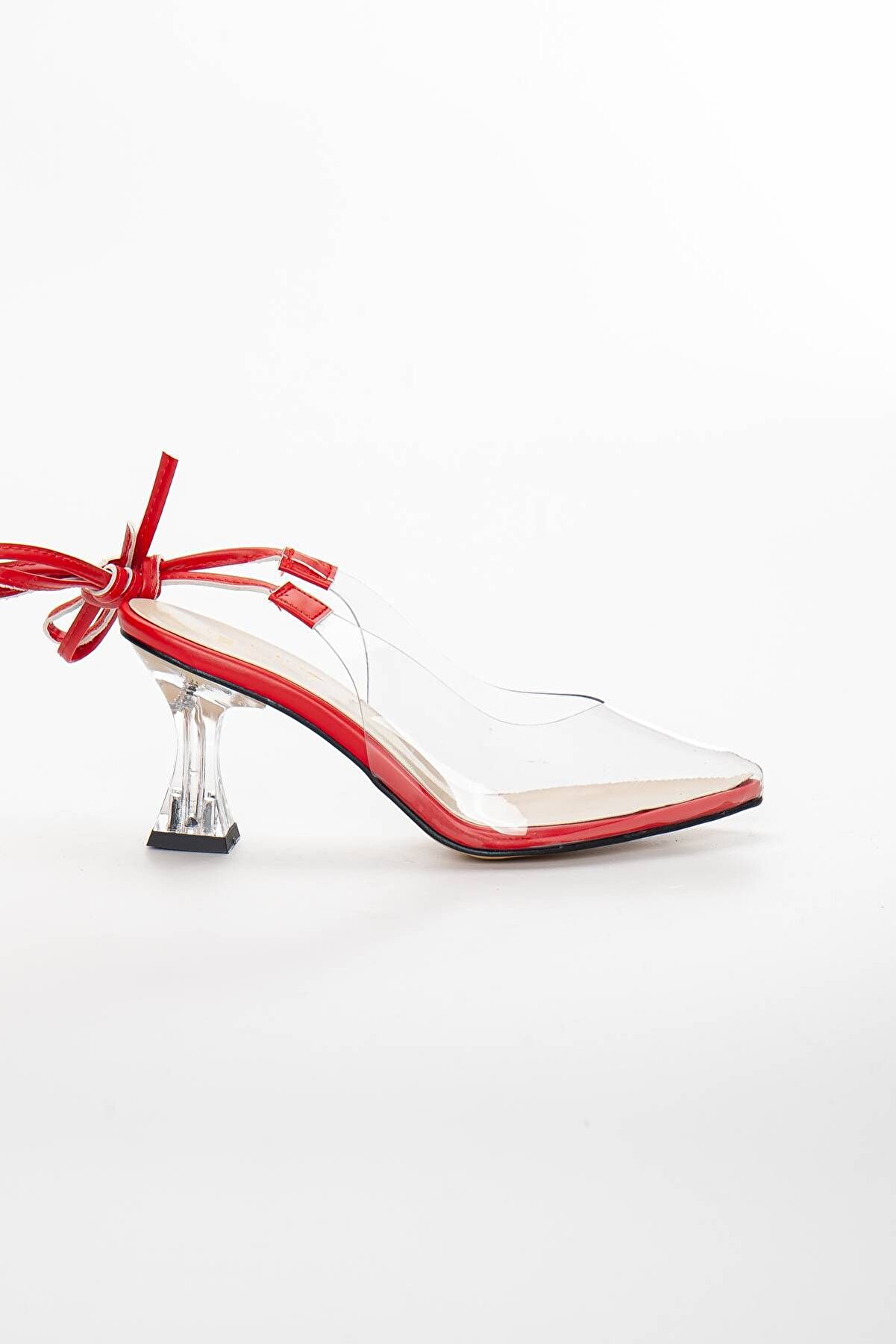 Gult Kadın Şeffaf Ince Topuklu 7 Cm Bağlamalı Kırmızı