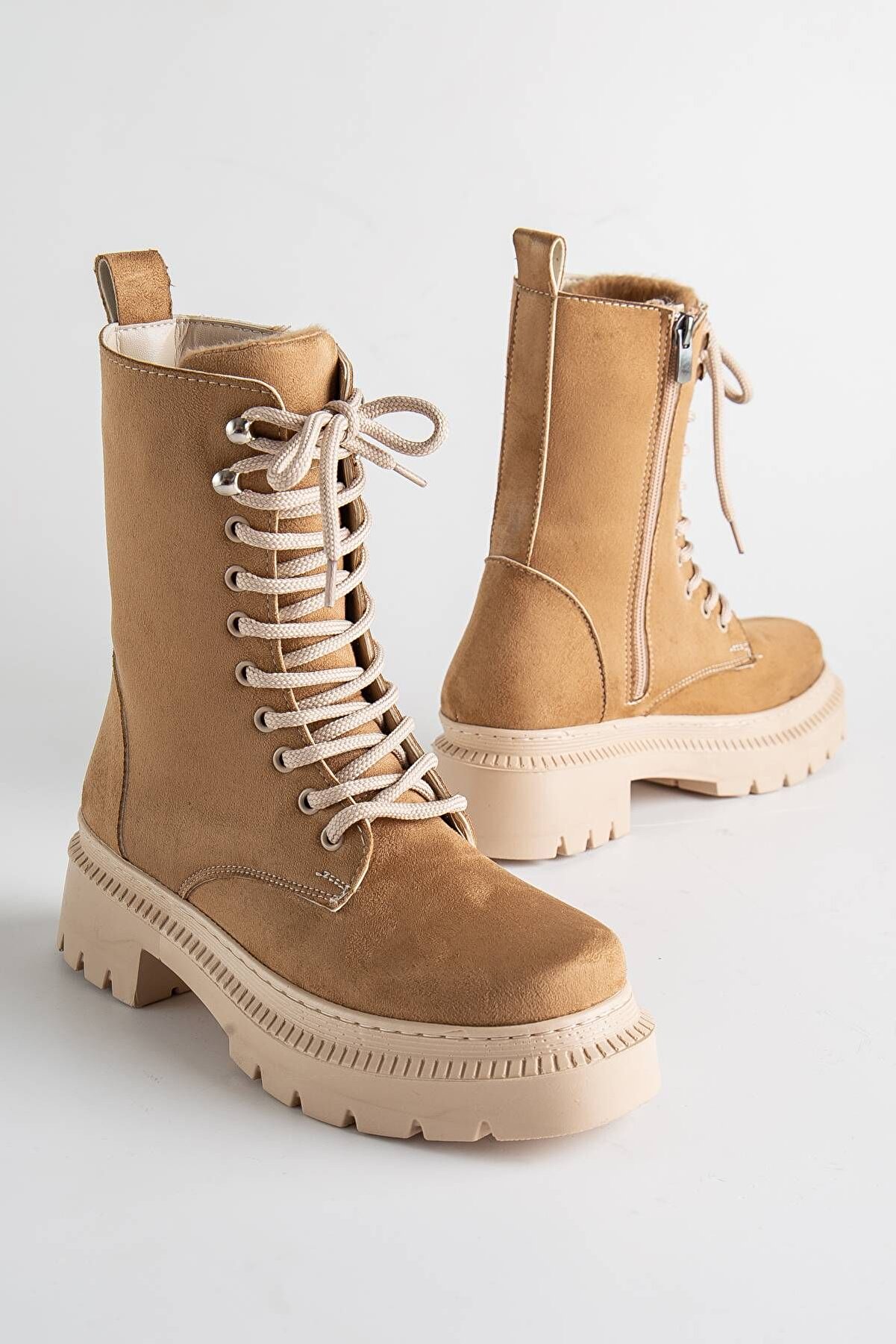 Gult Kadın Özel Üreti̇m Kalın Tabanlı Bağcıklı Ten Süet Bot