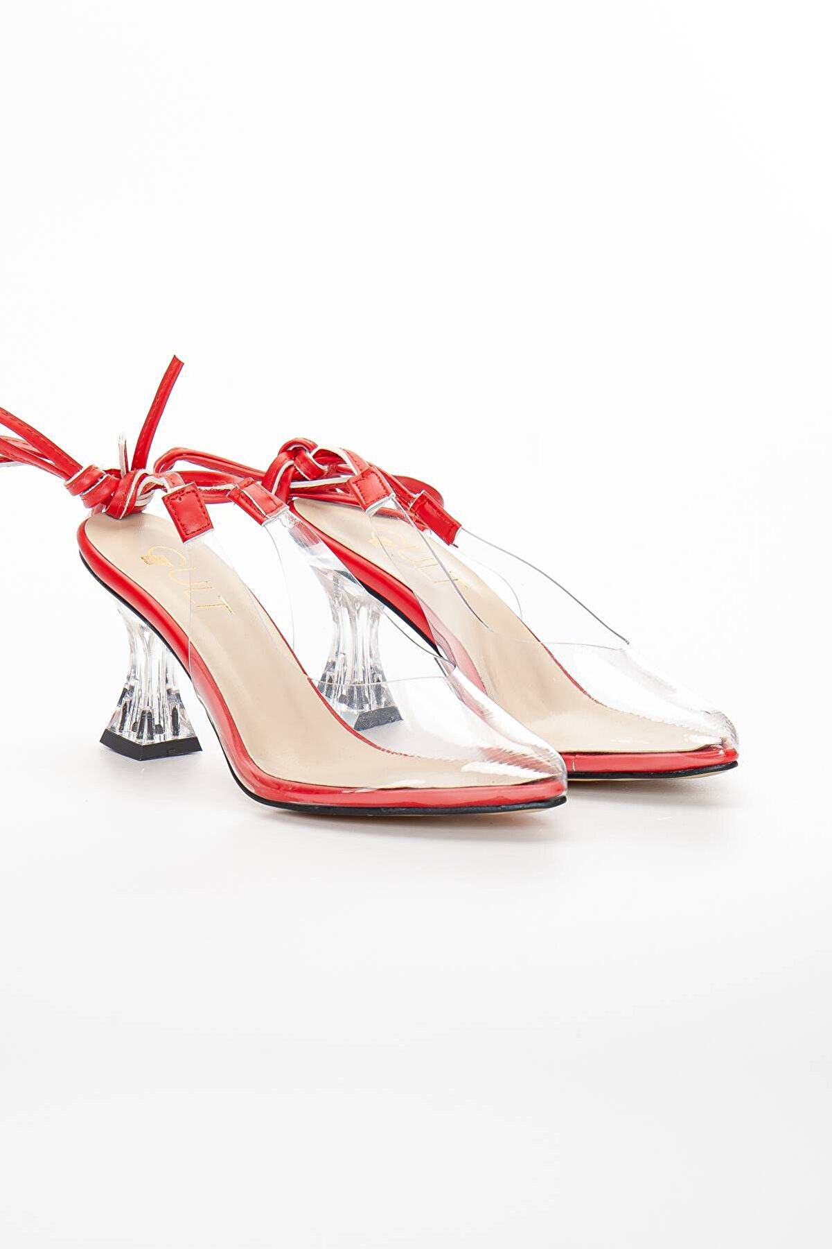 Gult Kadın Şeffaf Ince Topuklu 7 Cm Bağlamalı Kırmızı