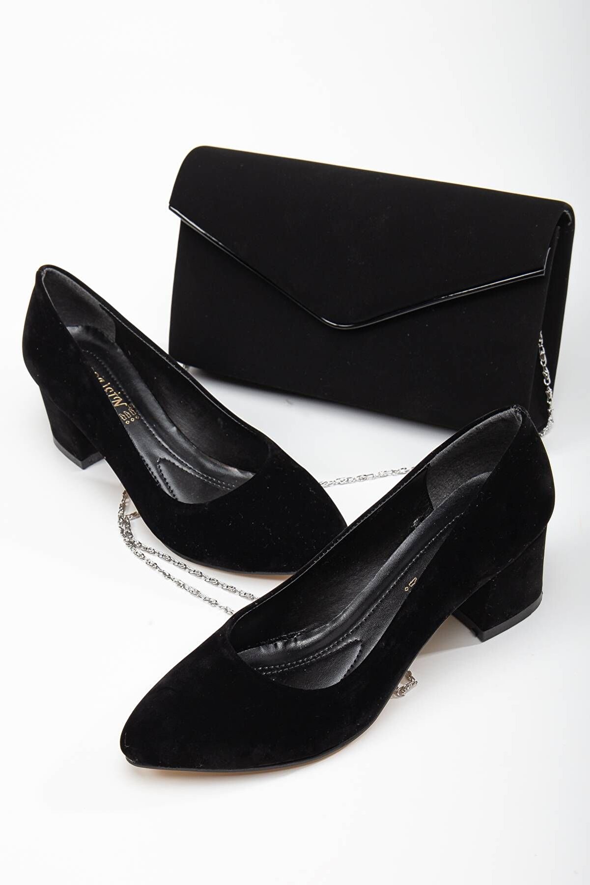 Gult Kadın Klasi̇k Kısa Sti̇letto Ve Çanta Takımı Si̇yah Süet