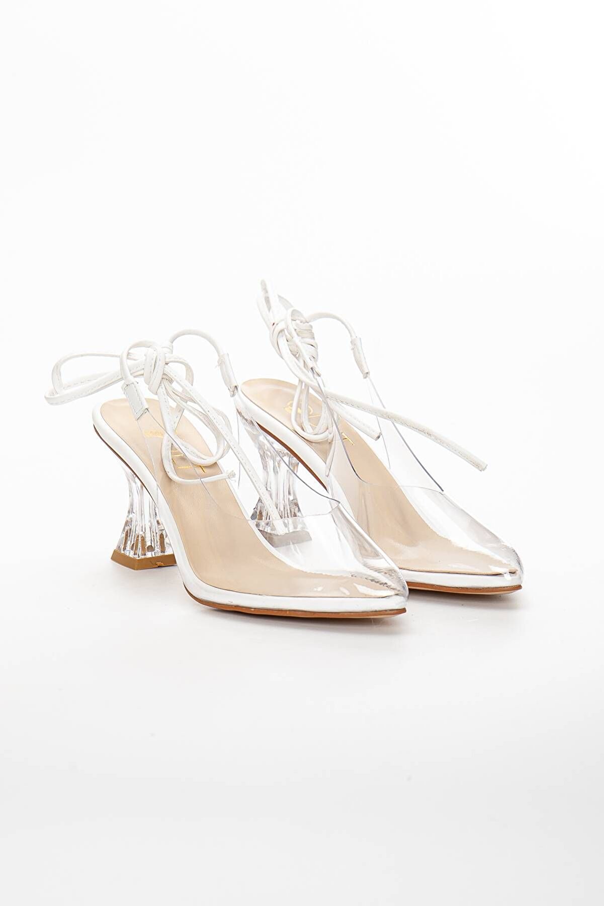 Gult Kadın Şeffaf Ince Topuklu 7 Cm Bağlamalı Beyaz