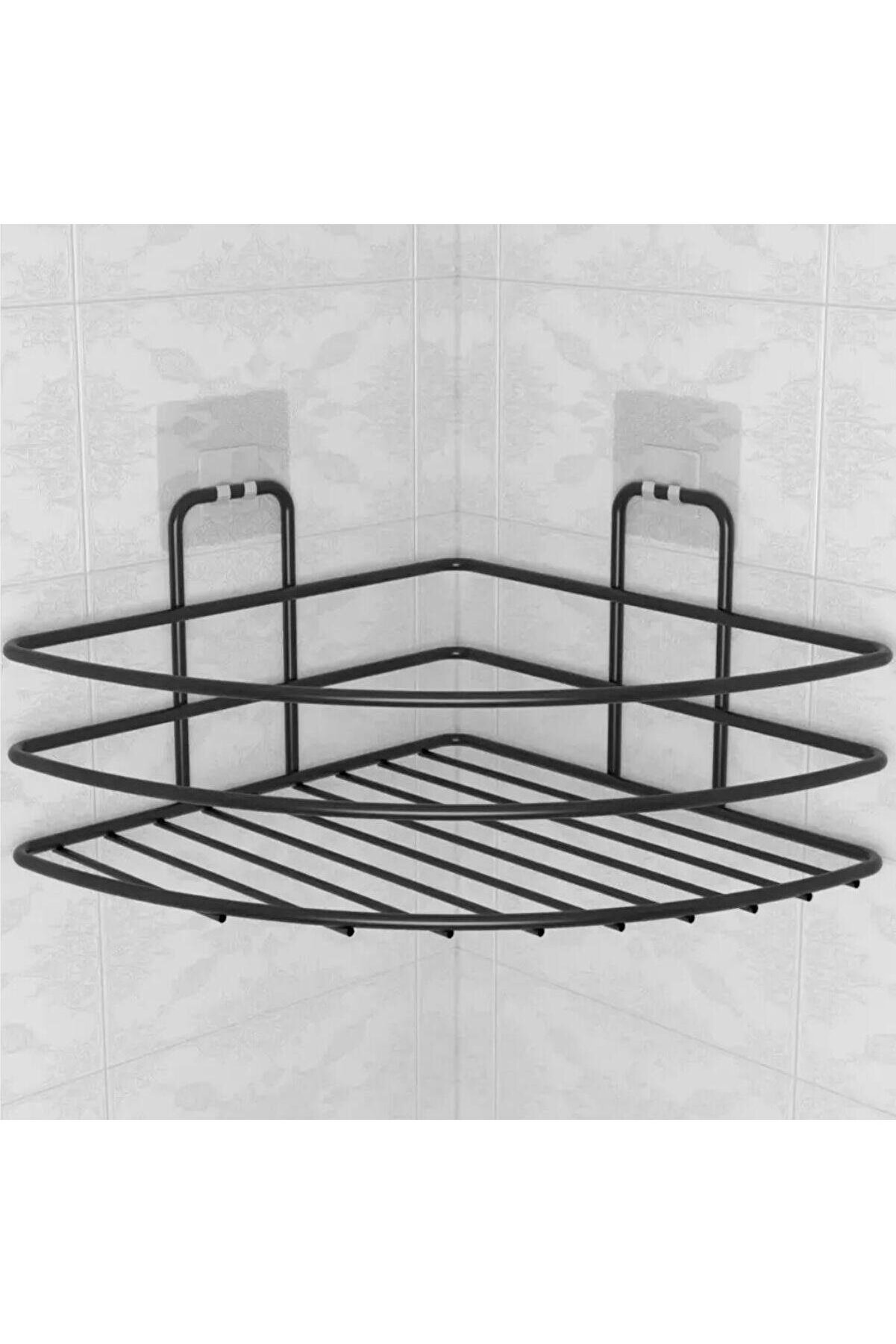 Go İthalat Yapışkanlı Montaj Gerekti̇rmeyen Tek Katlı Banyo Askı K&ouml;şe Şampuanlık Si̇yah (4457)