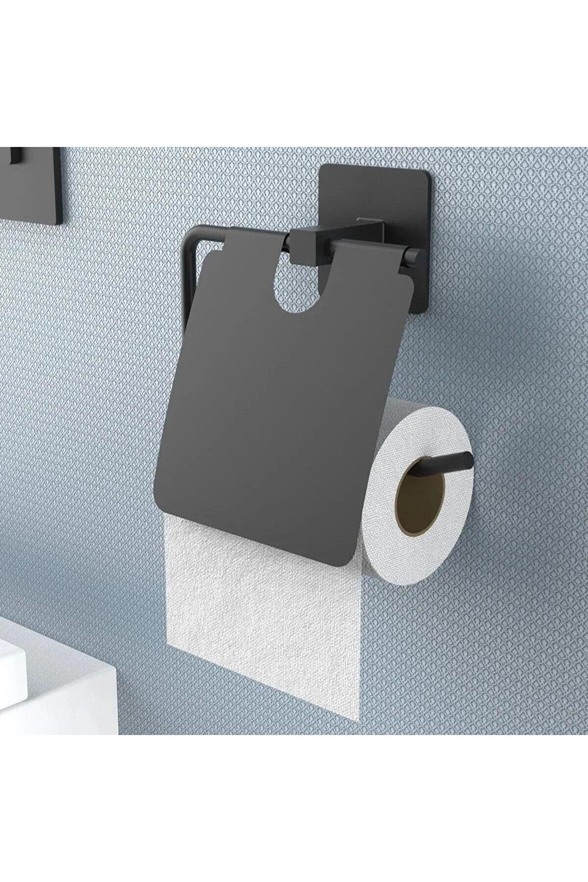 Go İthalat Kendi̇li̇ği̇nden Yapışkanlı Si̇yah Paslanmaz Metal Kapaklı Tuvalet Kağıtlığı Aparatı (4457)