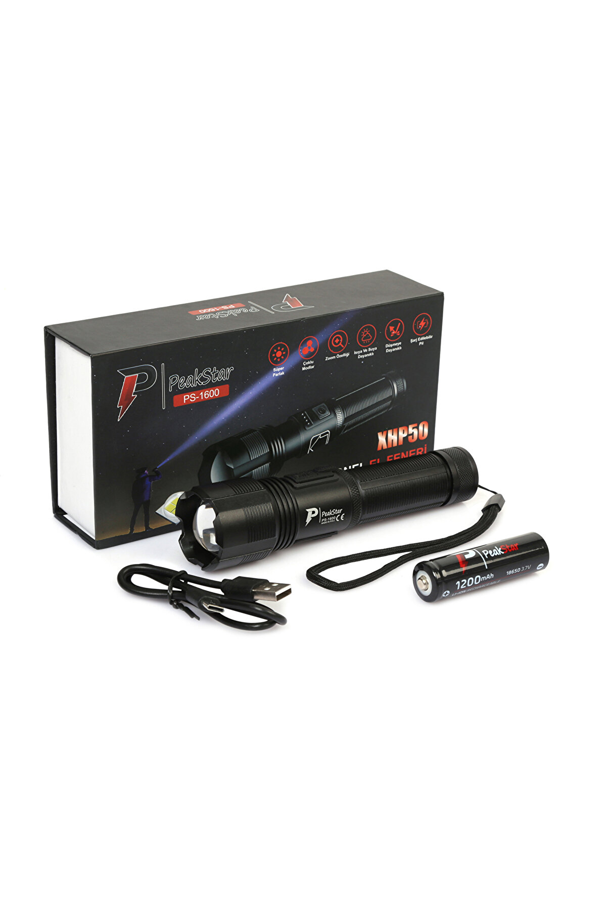 evimdeyokyok PeakStar Ps-1600 Süper Parlak Led Zoomlu 5 Mod Su Geçirmez Profesyonel Kamp Bekçi Avcı Feneri