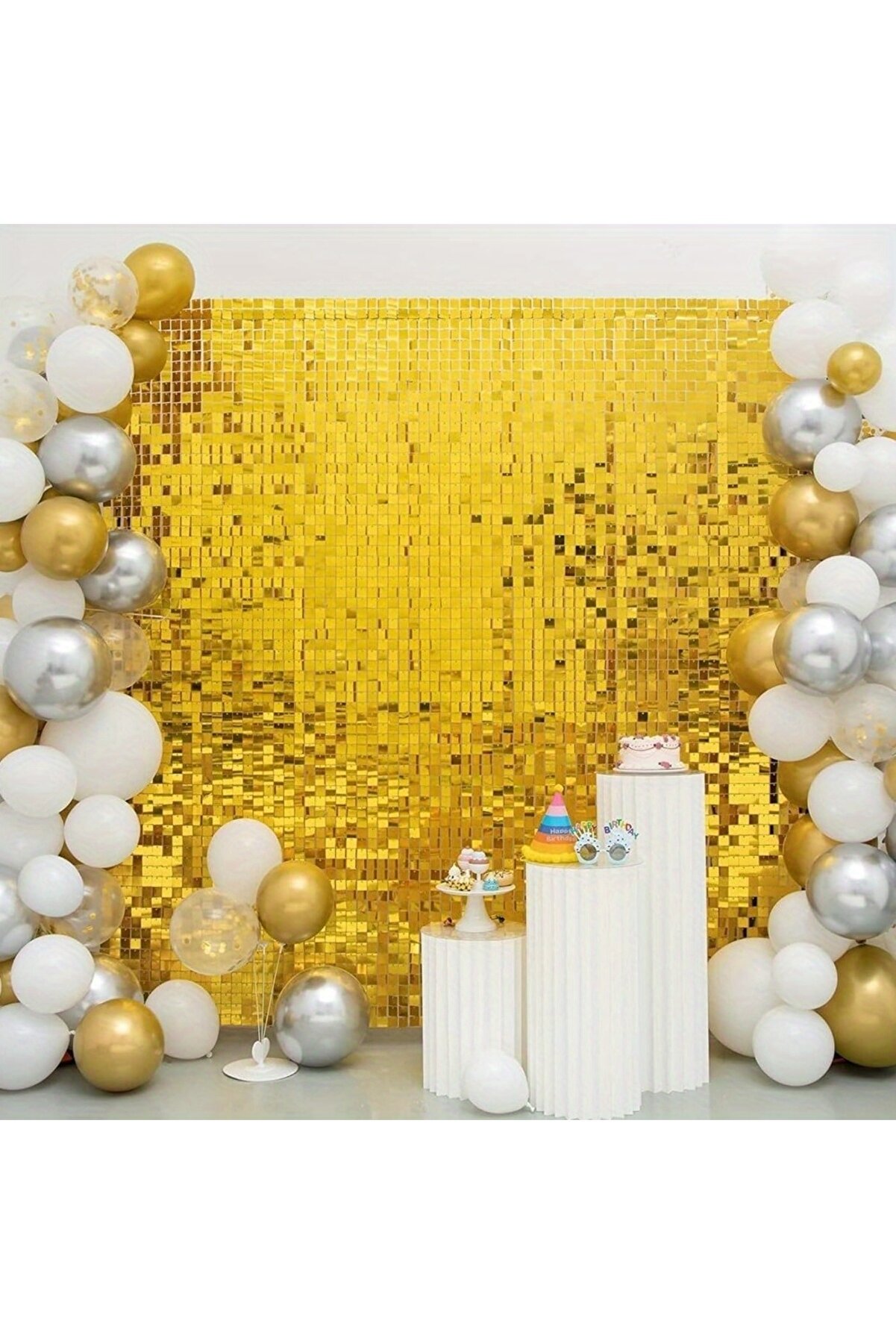 Ethab Ti̇caret Altın Gold Renk Di̇kd&ouml;rtgen Kesi̇m Parlak Si̇m G&ouml;r&uuml;n&uuml;ml&uuml; Fon Perde Dekor 1X2 Metre