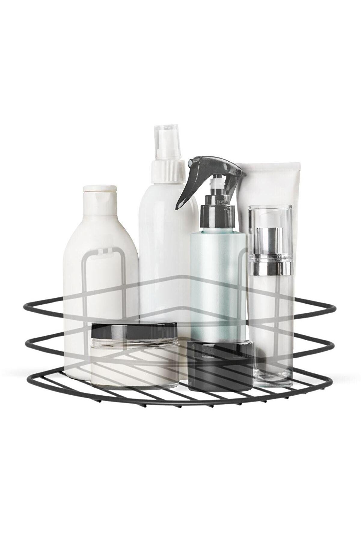 Go İthalat Yapışkanlı Montaj Gerekti̇rmeyen Tek Katlı Banyo Askı K&ouml;şe Şampuanlık Si̇yah (4457)