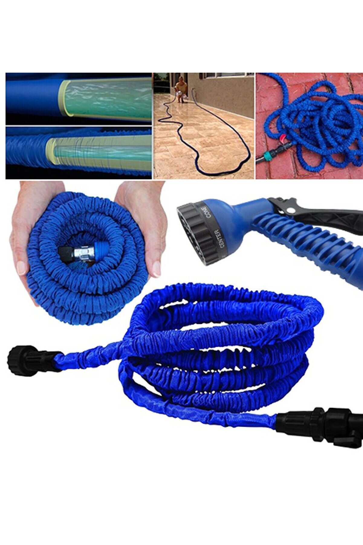 evimdeyokyok 30 Metre Uzayan Bahçe Sulama Araç Yıkama Hortumu 7 Kademeli Başlık Tabanca