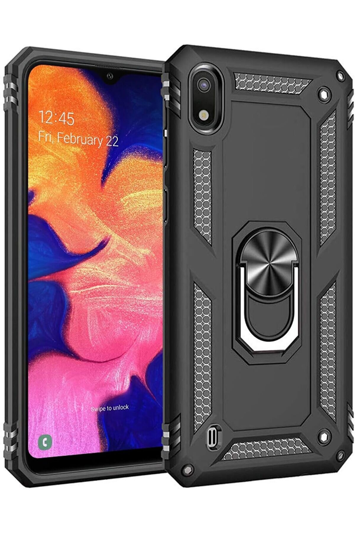 Samsung Galaxy A10 İ&ccedil;i̇n Kılıf Mi̇li̇tary Ri̇ng Holder Si̇yah [Galaxy A10 İle Uyumlu Kılıf - Si̇yah]