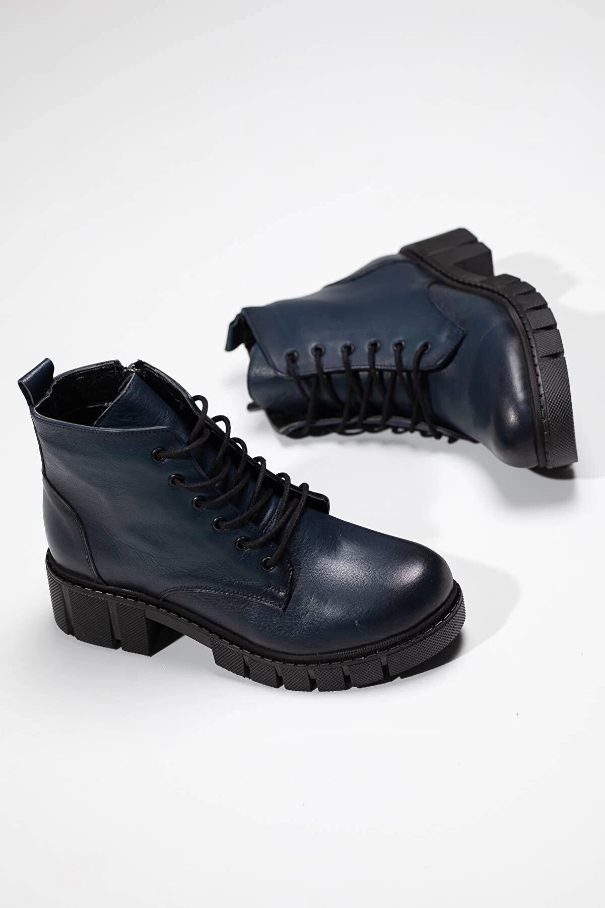 Gult Kadın Haki̇ki̇ Deri̇ Fermuarlı Bağcıklı Mavi̇ Deri̇ Bot