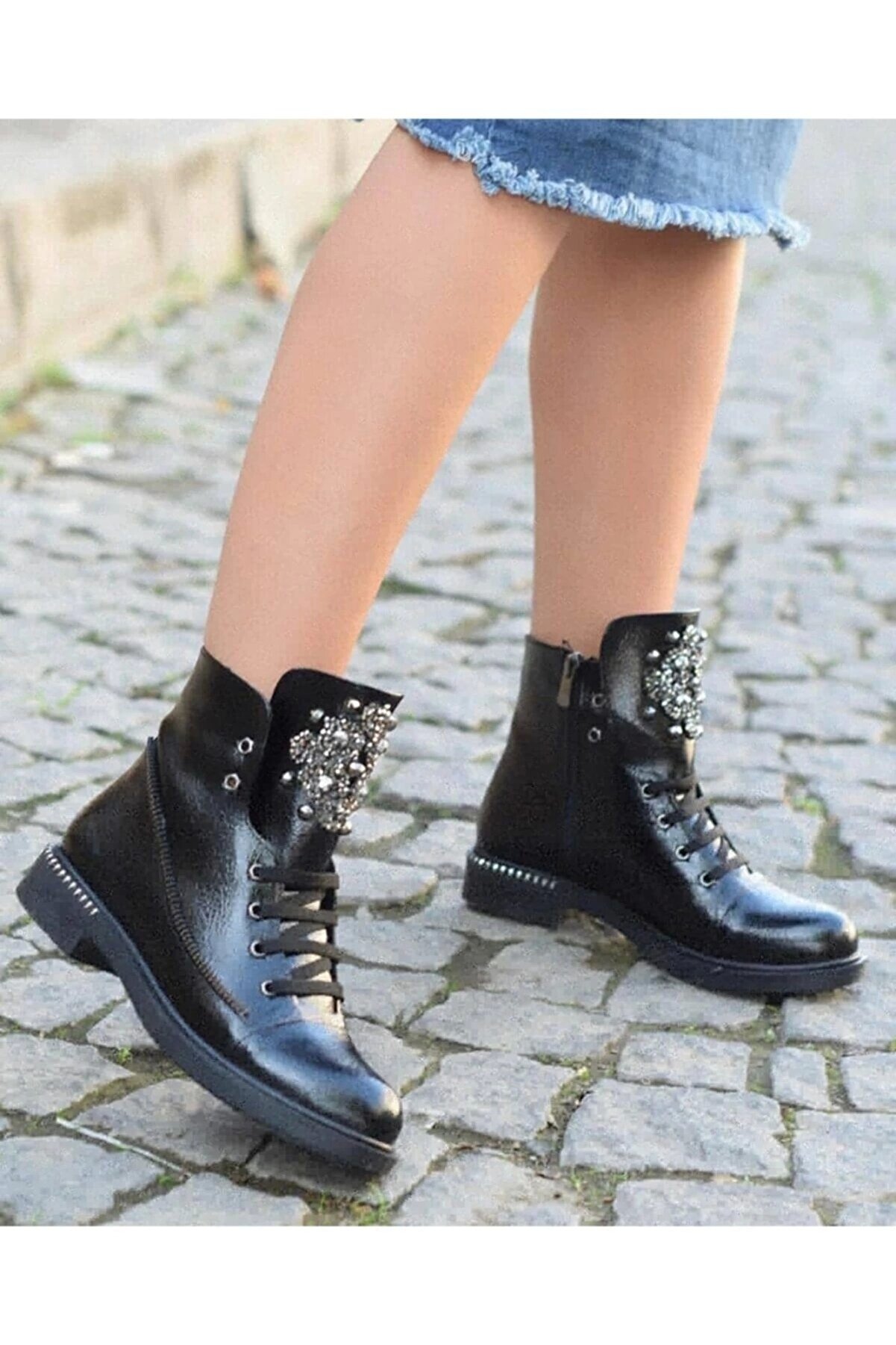 Yılmaz Exclusi̇ve Si̇yah Kırışık Rugan Taşlı Bot