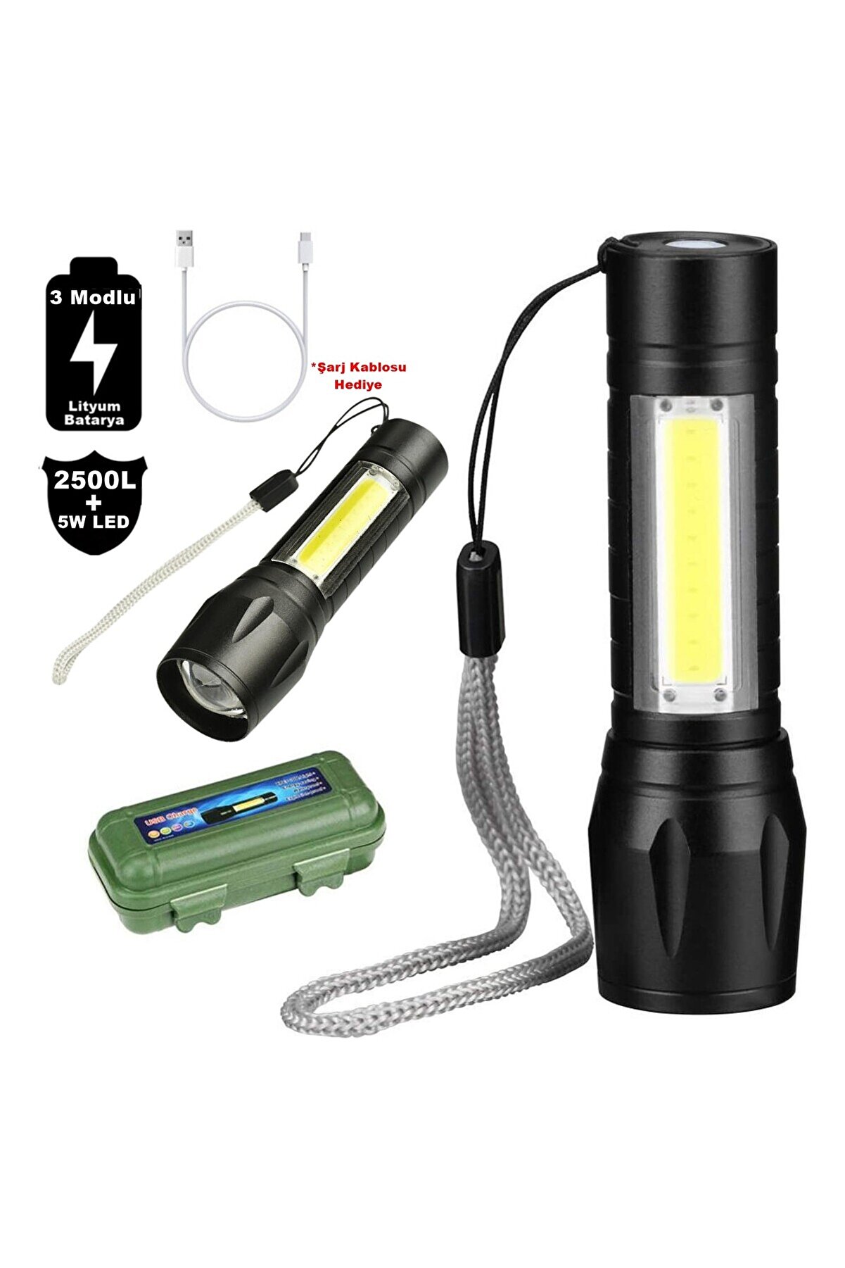 Go İthalat Su Ge&ccedil;i̇rmez Şarjlı El Feneri̇ 2500 Lumens + 5W Cob Led Usb Li̇on Şarjlı Ultra G&uuml;&ccedil;l&uuml;