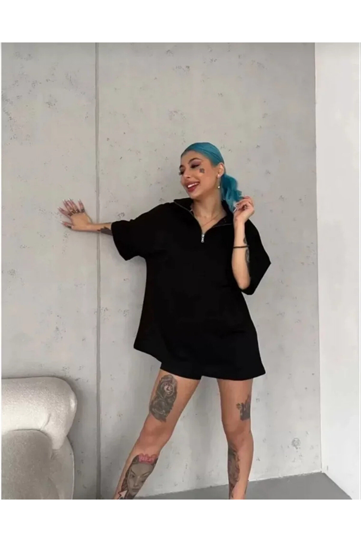 Melenza Uni̇sex Yarım Fermuarlı Düz Oversi̇ze T-Shi̇rt - Si̇yah