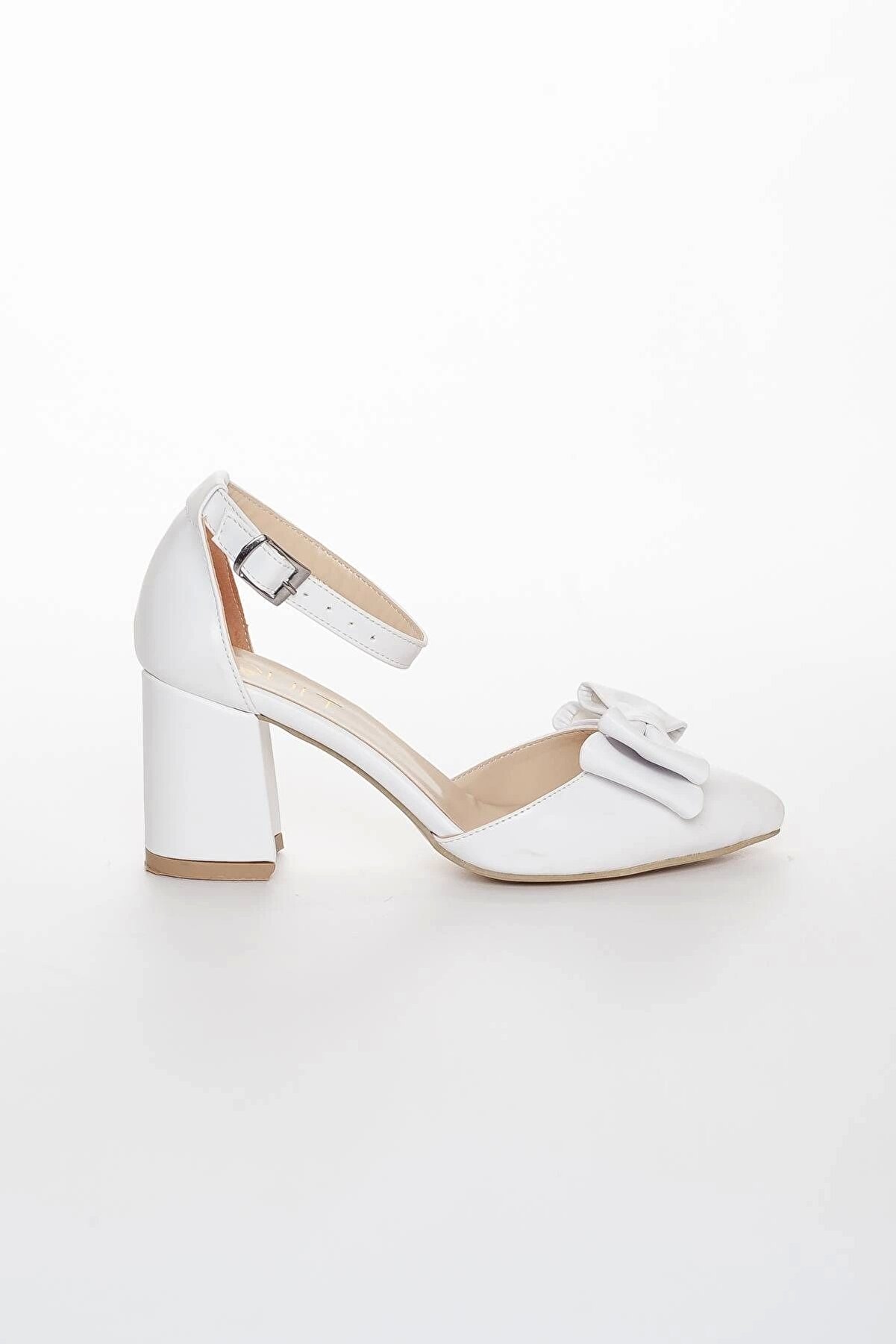 Gult Kadın Kalın Kısa Topuklu Papyonlu Yazlık Ayakkabı Beyaz