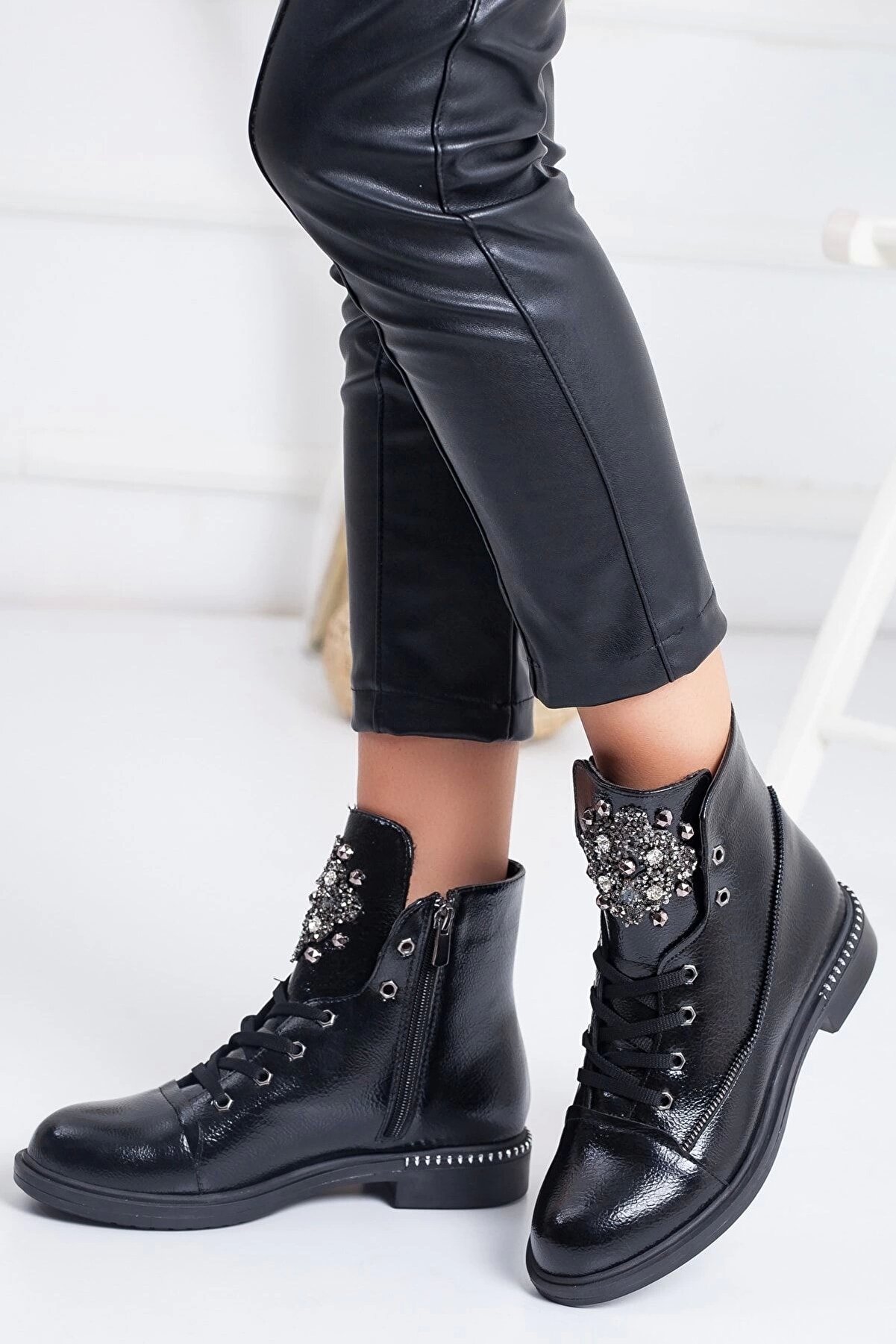 Gult Kadın Bot,Taşlı Şık Exclusi̇ve Si̇yah Bot. Günlük Bot Stone