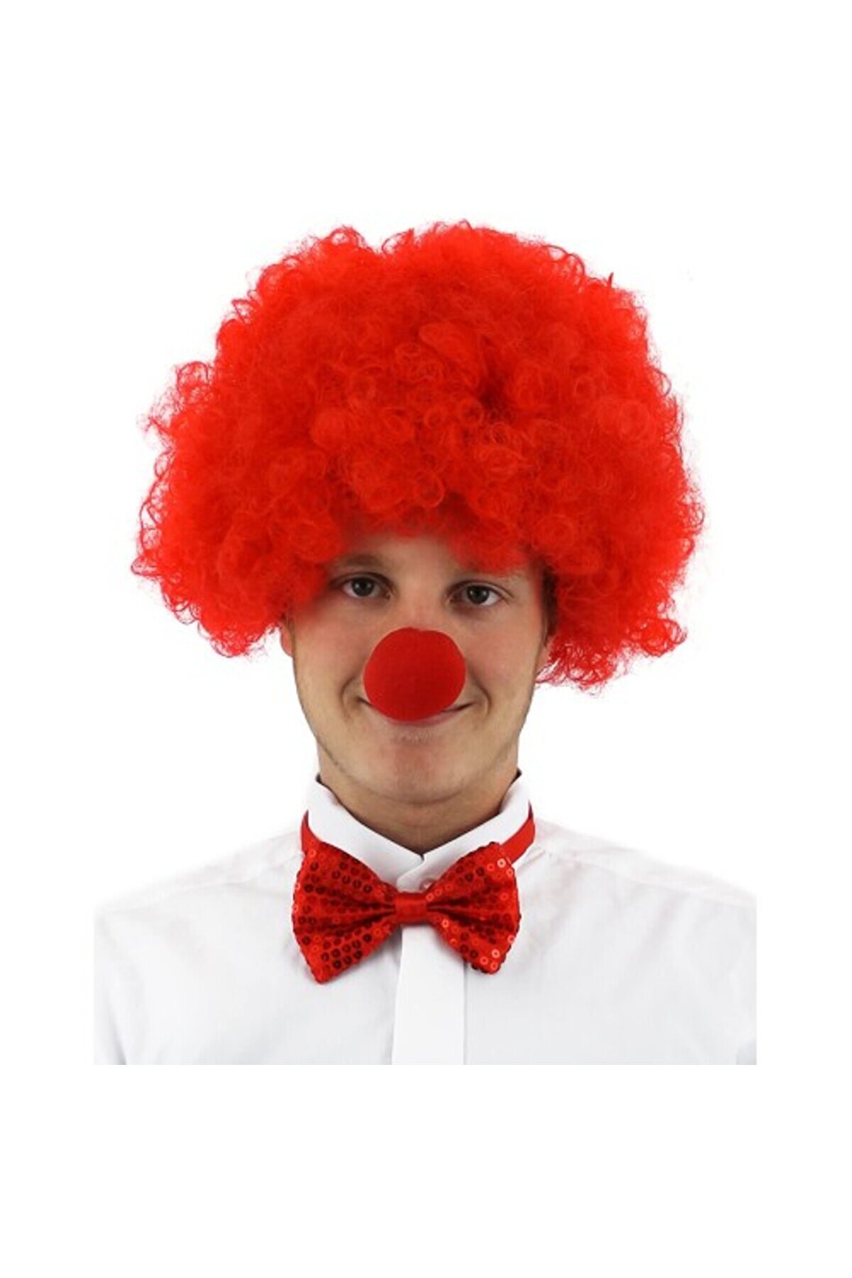 evimdeyokyok Kırmızı Renk Kıvırcık Afro Palyaço Seti