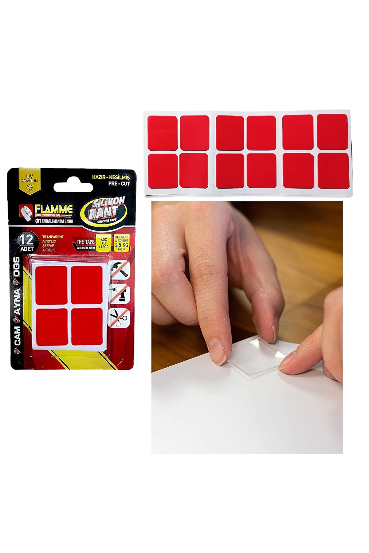 Ethab Ti̇caret Montaj Bandı 2.5 Kg - &Ccedil;i̇ft Taraflı Hazır Kesi̇lmi̇ş Si̇li̇kon Bant 12'Li̇ Montaj Bandı, Şeffaf