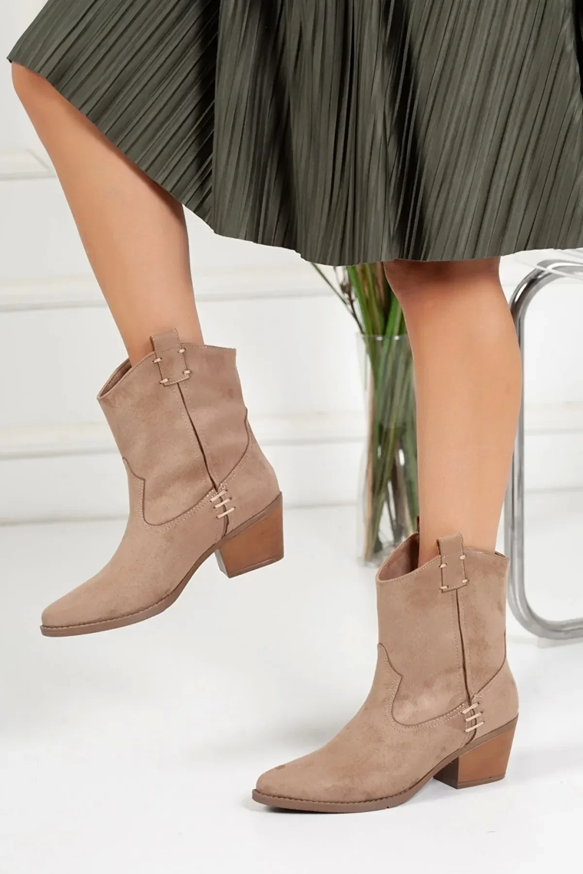 Gult Kadın Western Kovboy Çi̇zme Vi̇zon Süet