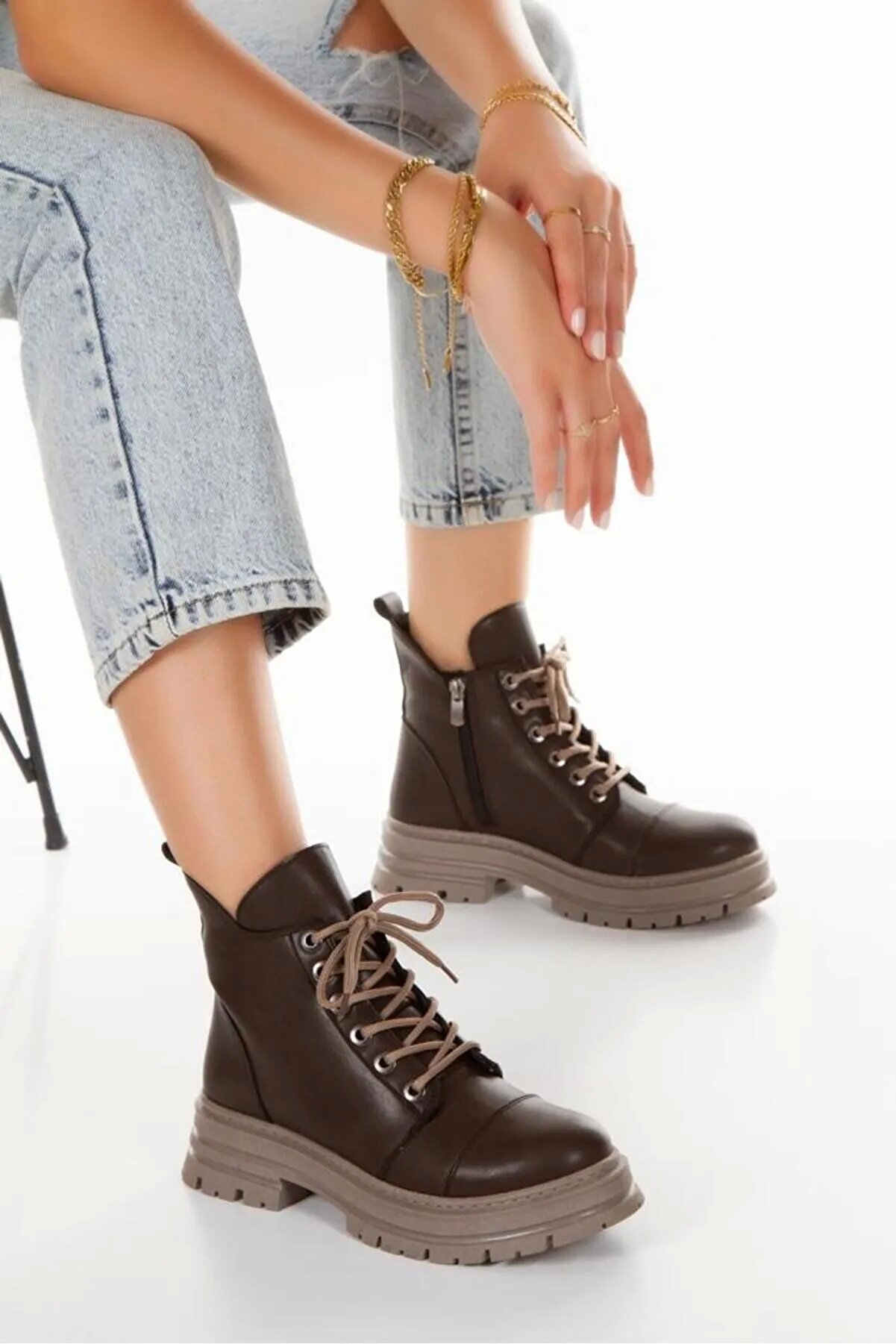 Gult Kadın Kalın Taban Postal Bot Koni̇fa -Kahve