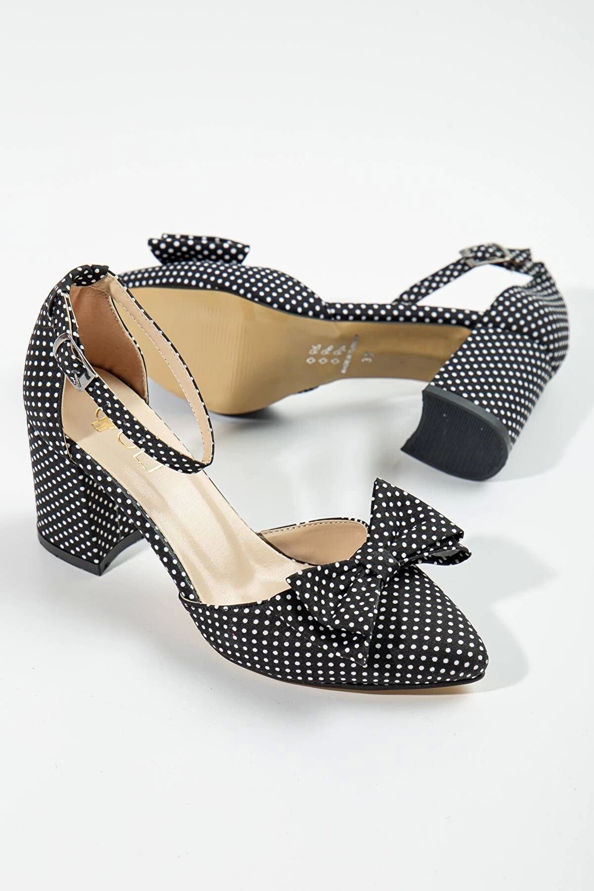 Gult Kadın Kalın Kısa Topuklu Papyonlu Yazlık Ayakkabı Si̇yah Puanti̇yeli̇