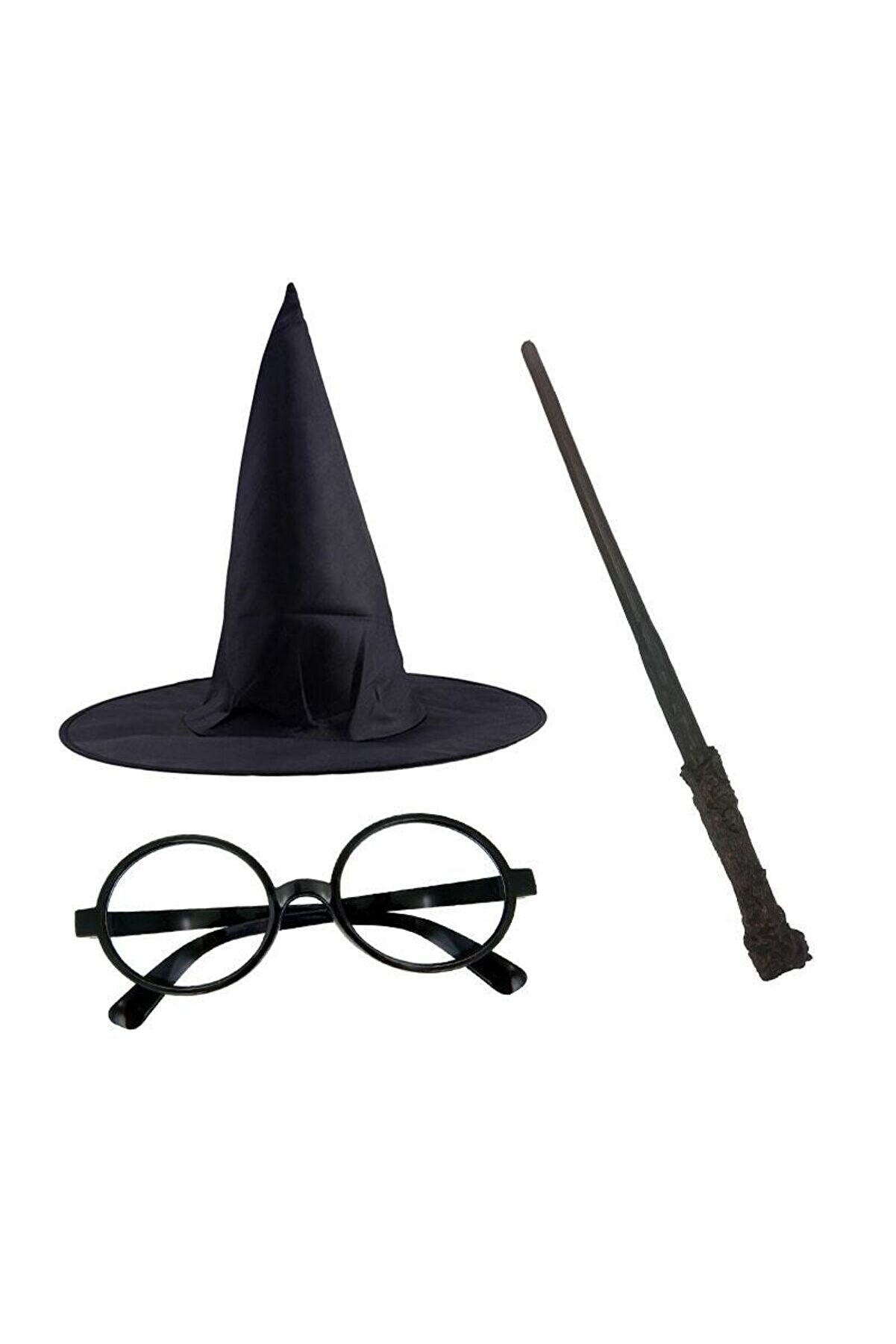 evimdeyokyok Harry Potter Siyah Şapkası Harry Potter Gözlüğü Harry Potter Asası 3 lü Set