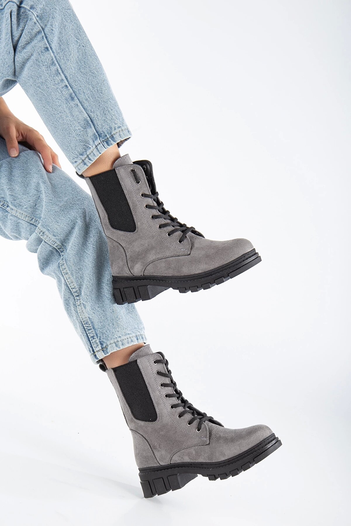 Gult Kadın Bot Lasti̇kli̇ Ipli̇ Gri̇ Süet