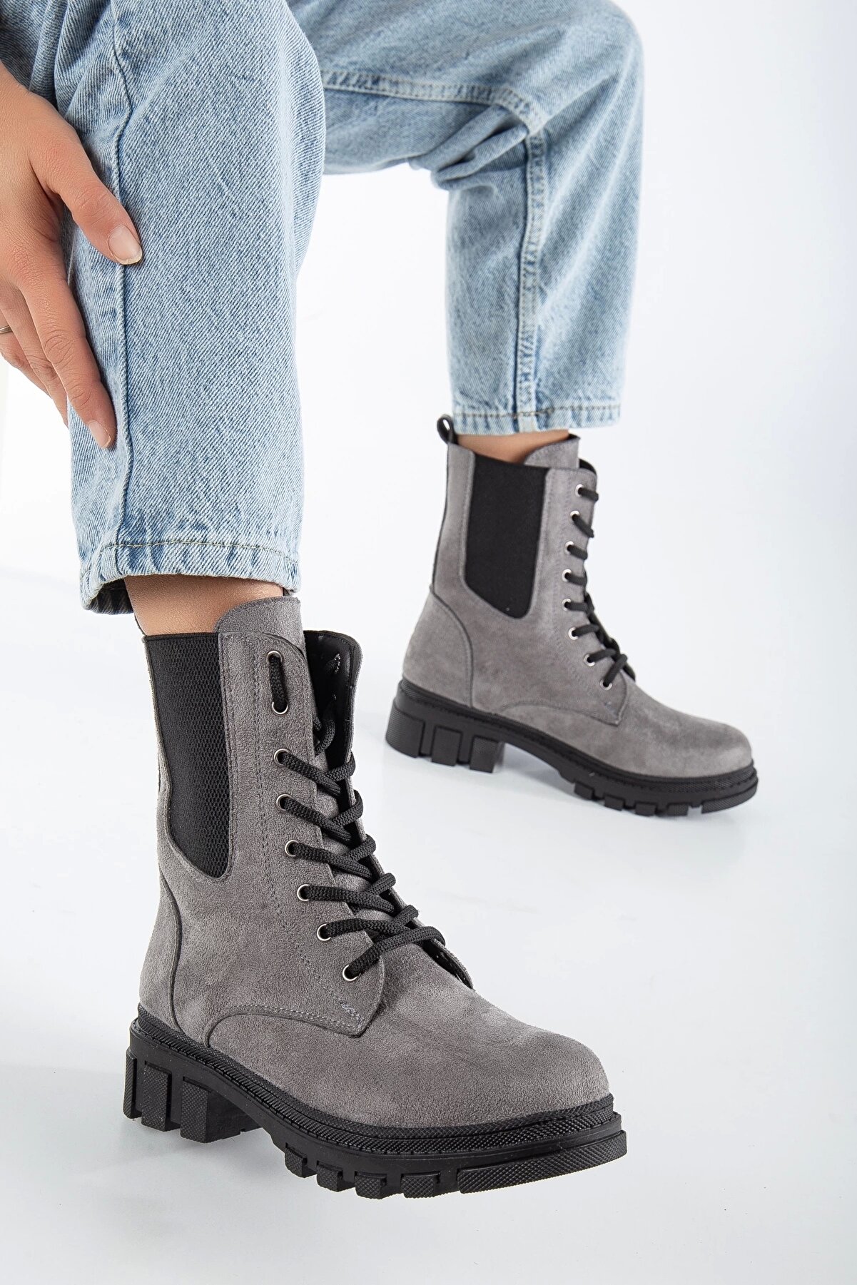 Gult Kadın Bot Lasti̇kli̇ Ipli̇ Gri̇ Süet