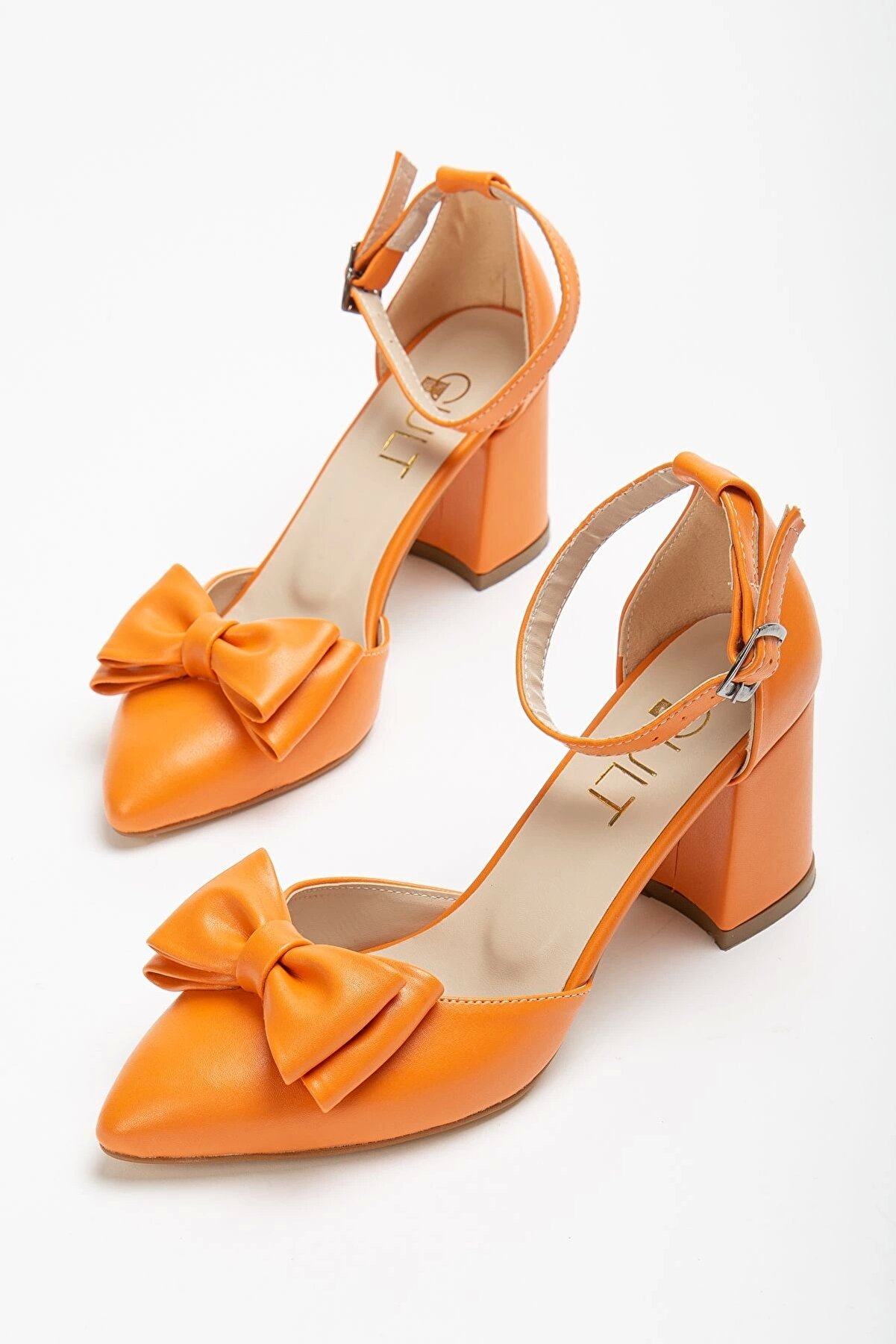 Gult Kadın Kalın Kısa Topuklu Papyonlu Yazlık Ayakkabı Turuncu