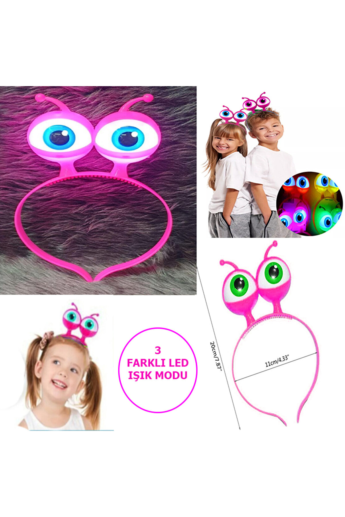 Go İthalat Led Işıklı & Pi̇lli̇ 3 Farklı Modda Yanan Uzaylı G&ouml;z Parti̇ Tacı Pembe Renk 18X12 Cm (5258)