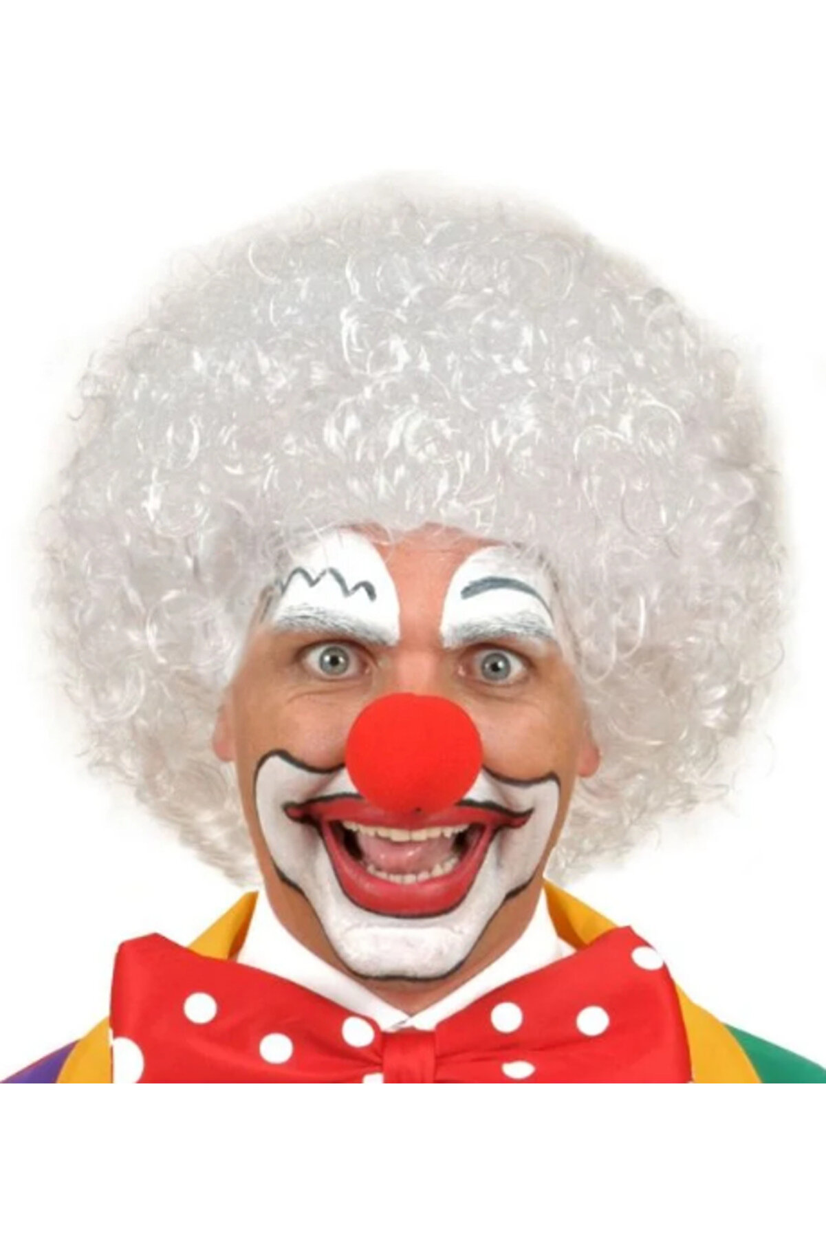 Go İthalat Beyaz Renk Kıvırcık Afro Bonus Peruk Sa&ccedil; Ve Kırmızı S&uuml;nger Burun Seti̇ (4457)