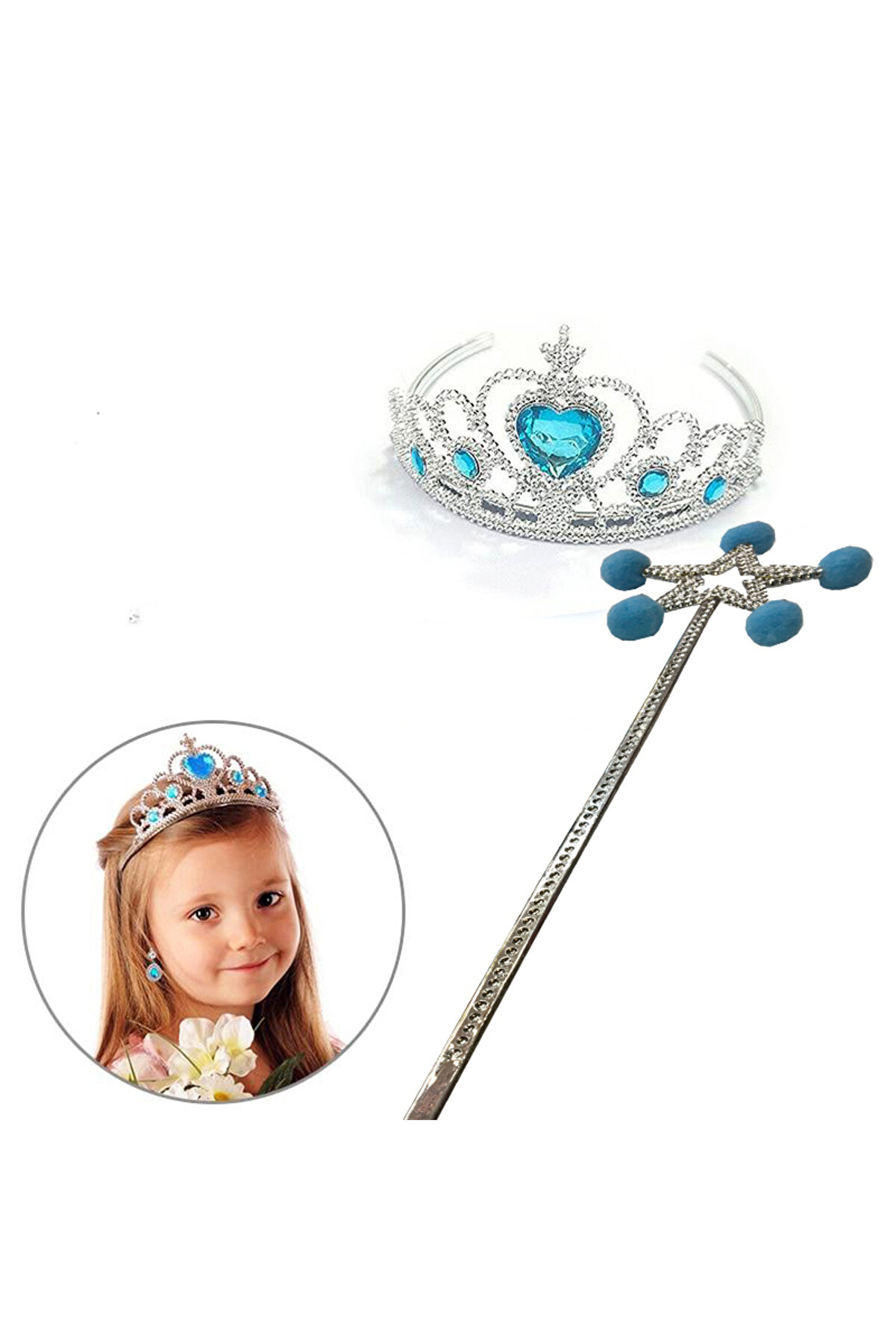 Go İthalat Mavi̇ Ponponlu Karlar &Uuml;lkesi̇ Elsa Asası Ve Mavi̇ Kalp Taşlı Elsa Tacı (4457)