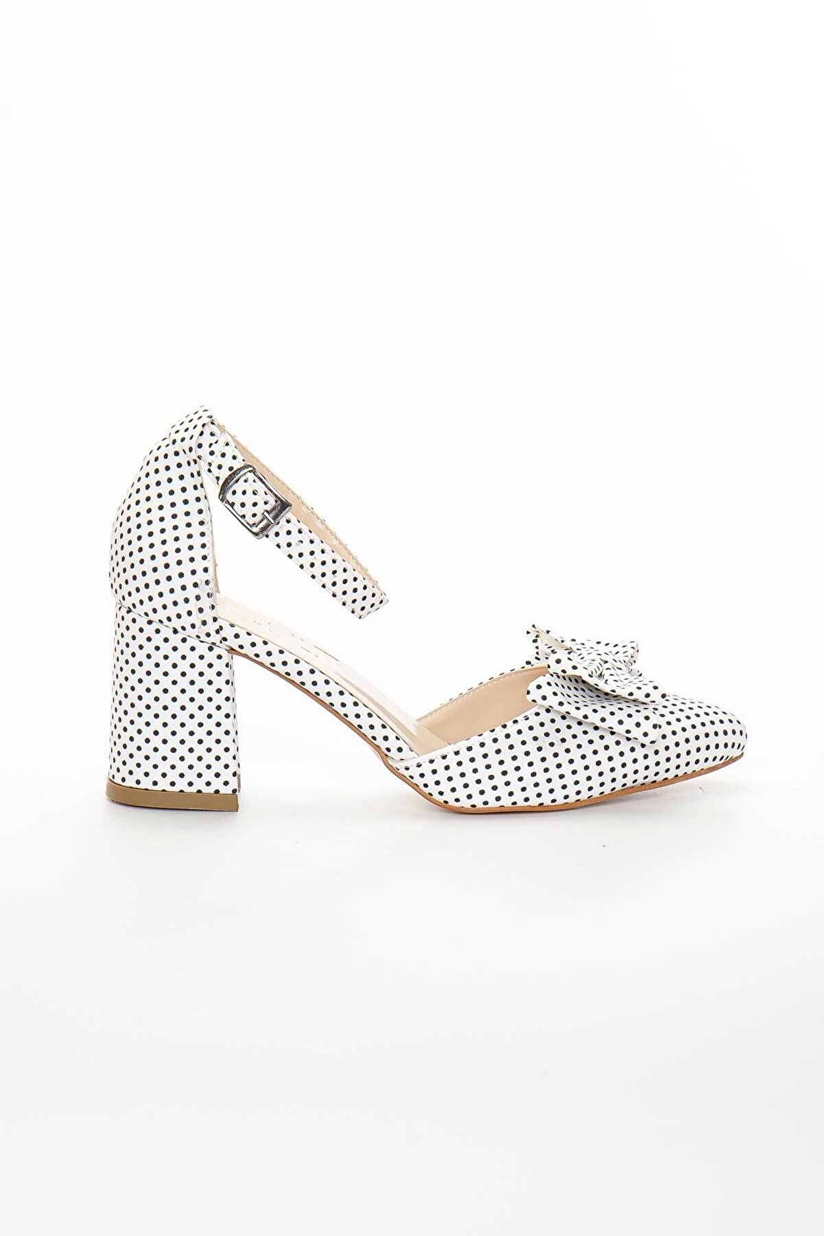 Gult Kadın Kalın Kısa Topuklu Papyonlu Yazlık Ayakkabı Beyaz Puanti̇yeli̇