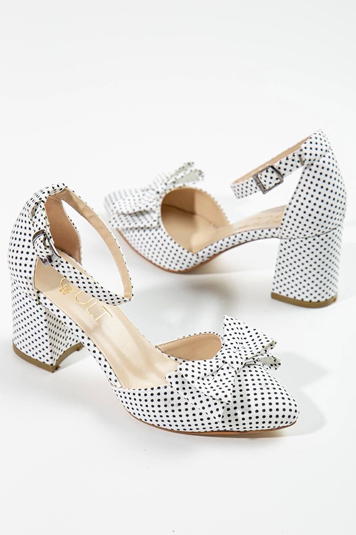 Gult Kadın Kalın Kısa Topuklu Papyonlu Yazlık Ayakkabı Beyaz Puanti̇yeli̇