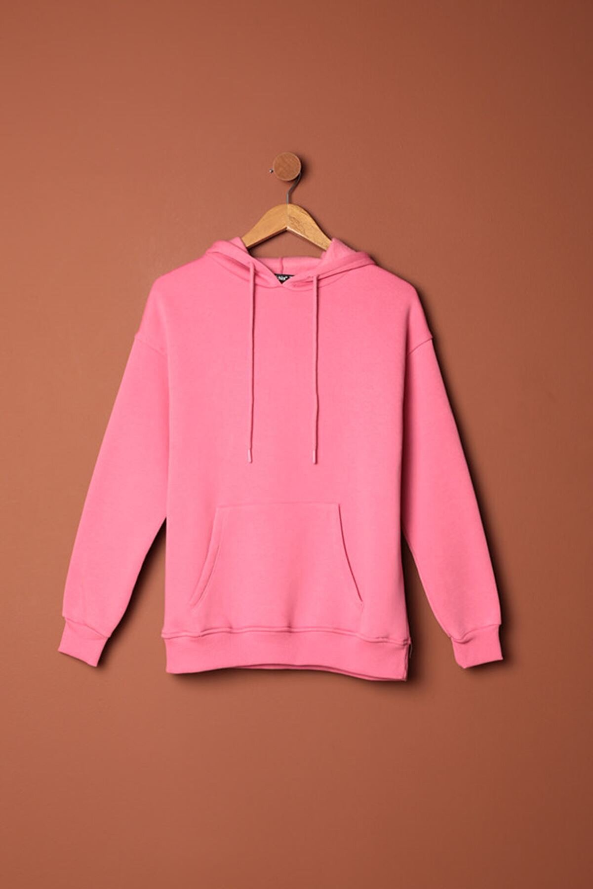 Glamour &Uuml;&ccedil; İpli̇k Kumaş Kanguru Cep Kap&uuml;şonlu Kadın Pembe Sweat