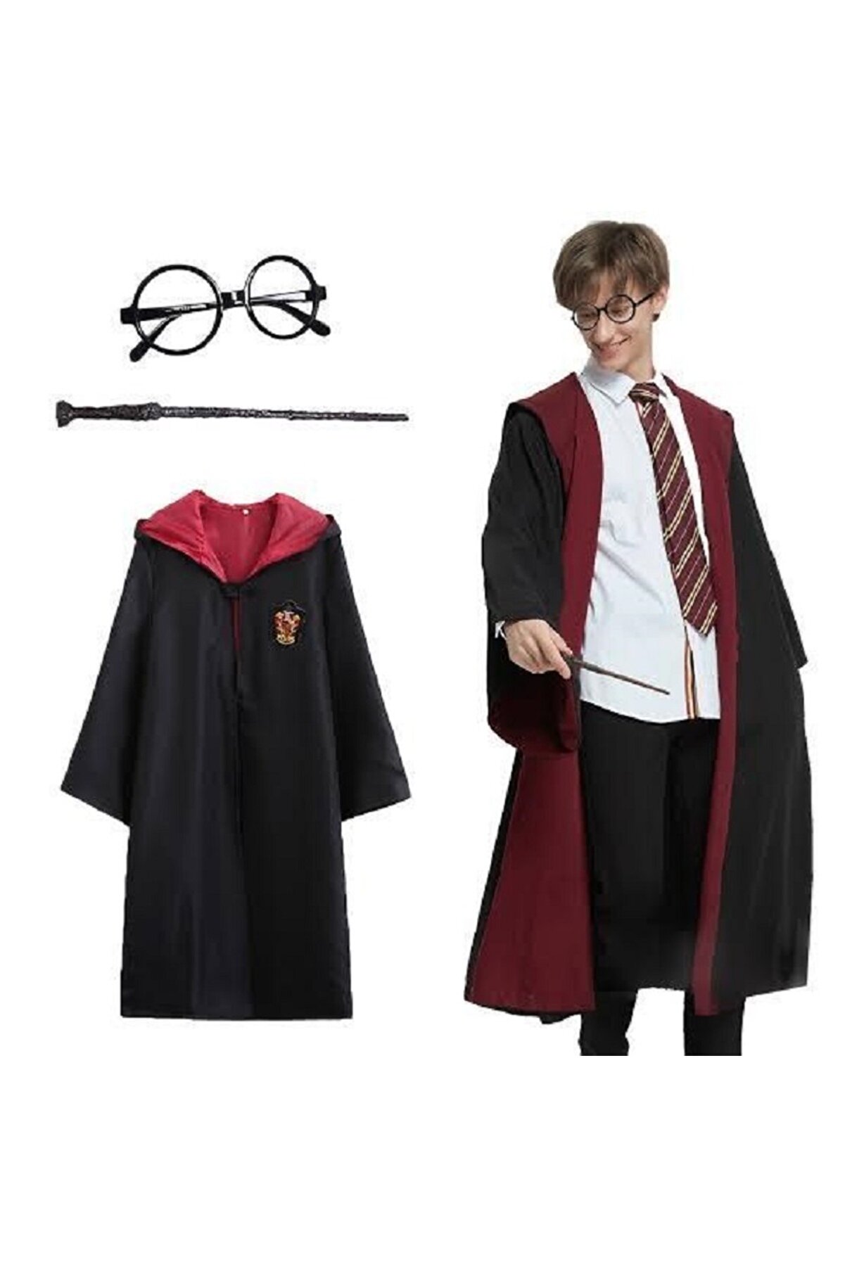 evimdeyokyok Harry Potter Gryffindor Kapişonlu Çocuk Kostüm + Asa + Gözlük Seti 7-8 Yaş