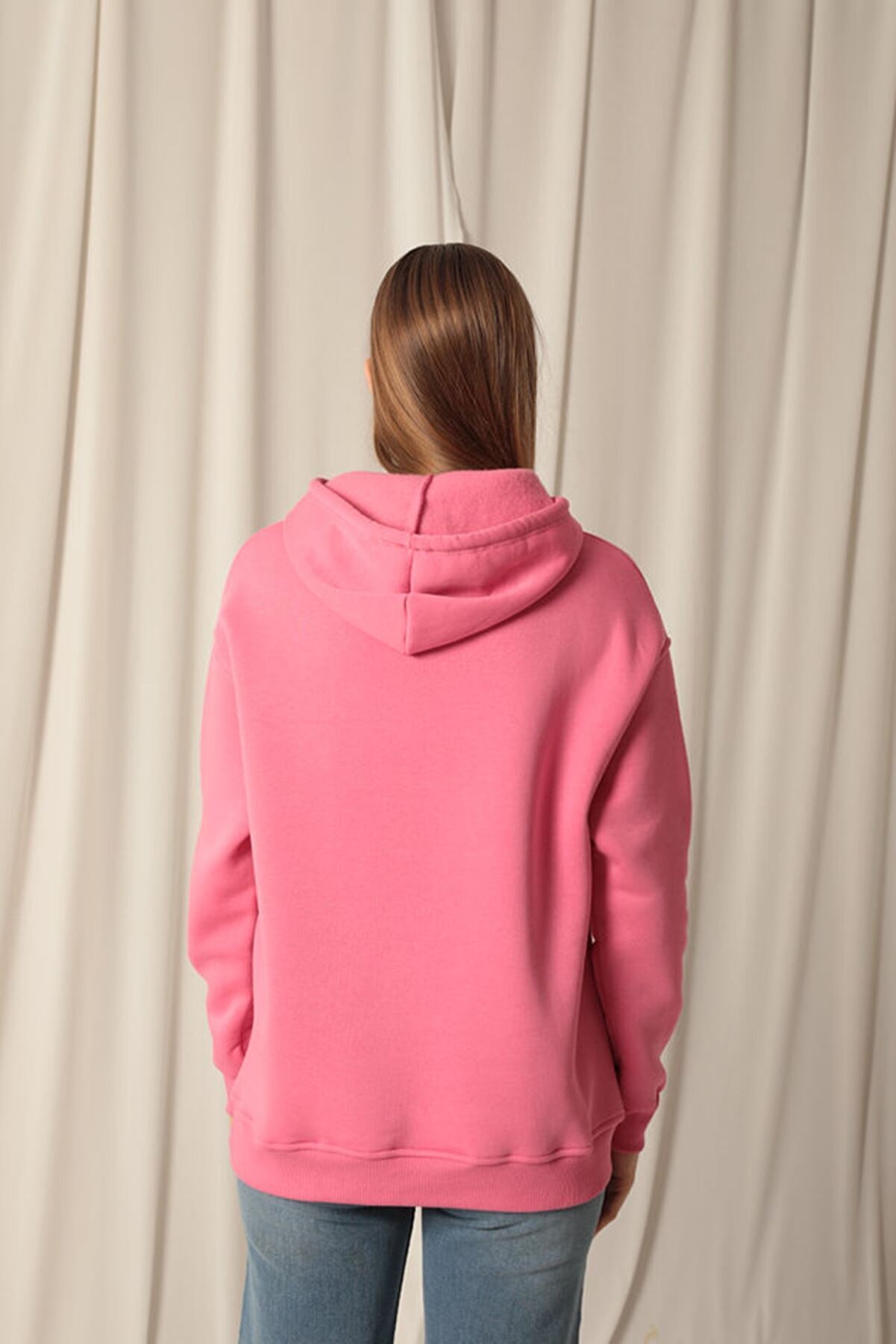Glamour &Uuml;&ccedil; İpli̇k Kumaş Kanguru Cep Kap&uuml;şonlu Kadın Pembe Sweat