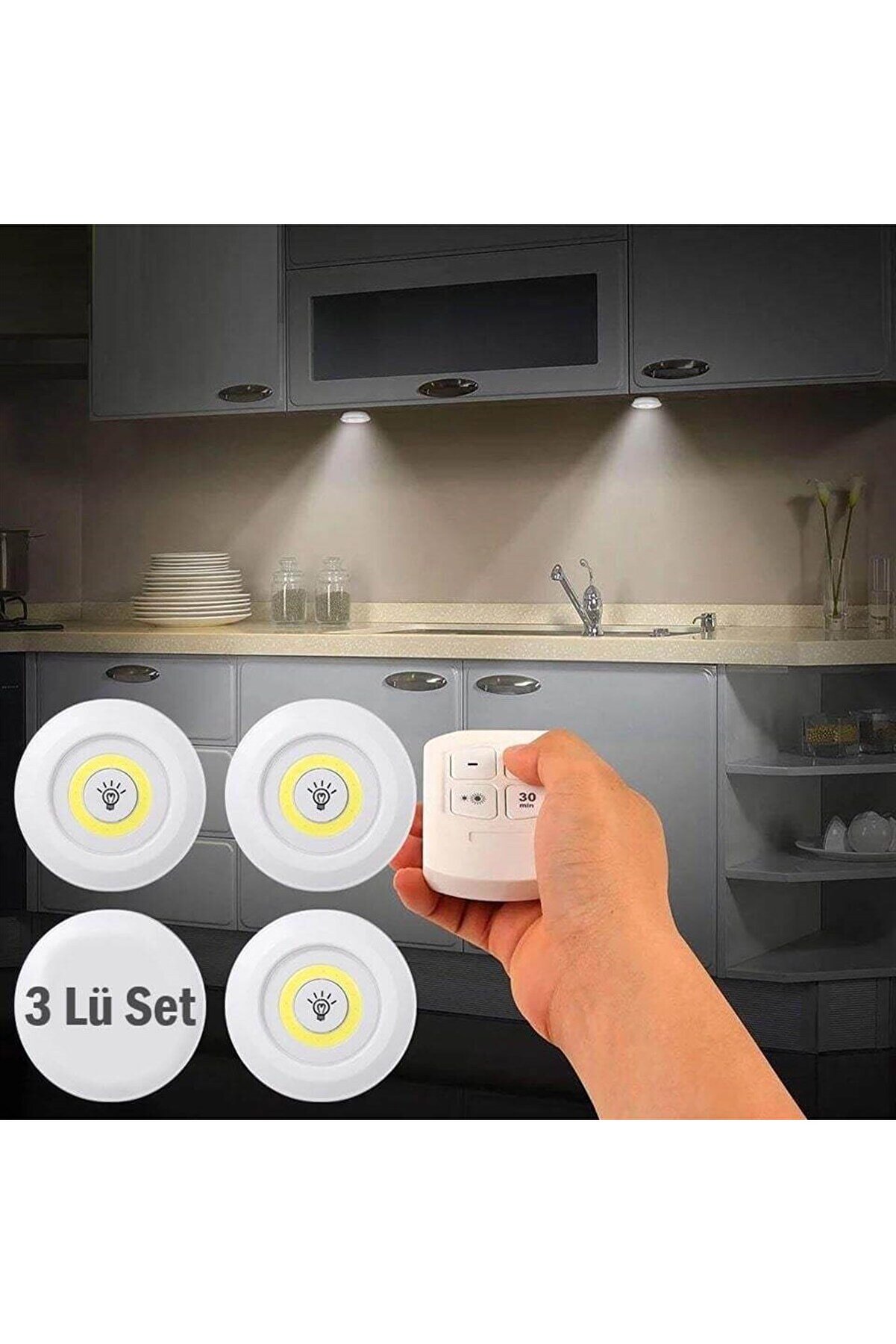 Go İthalat Uzaktan Kumandalı Yapışkanlı Kablosuz Pi̇lli̇ Led 3&rsquo;L&uuml; (4940)